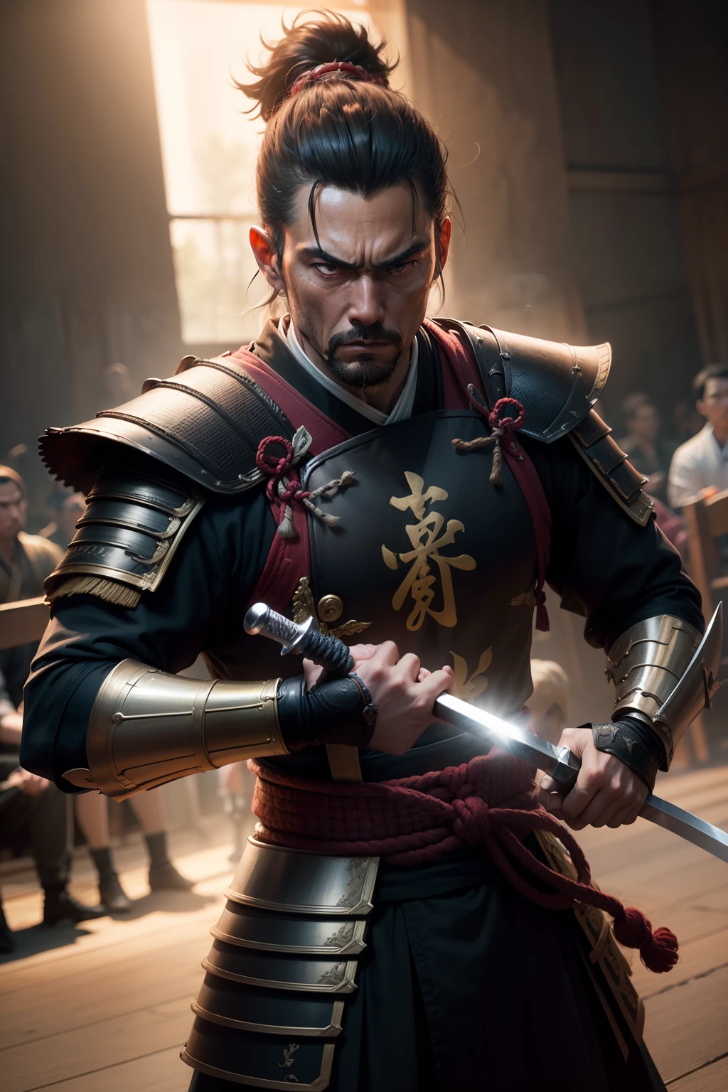 samurai homem, Duelling with swords and audience watching, (obra-prima) (8k high resolution) (melhor qualidade) (Ultra Definition) (Ultra realista)(Foto RAW) (Foto realista) (bright illumination)