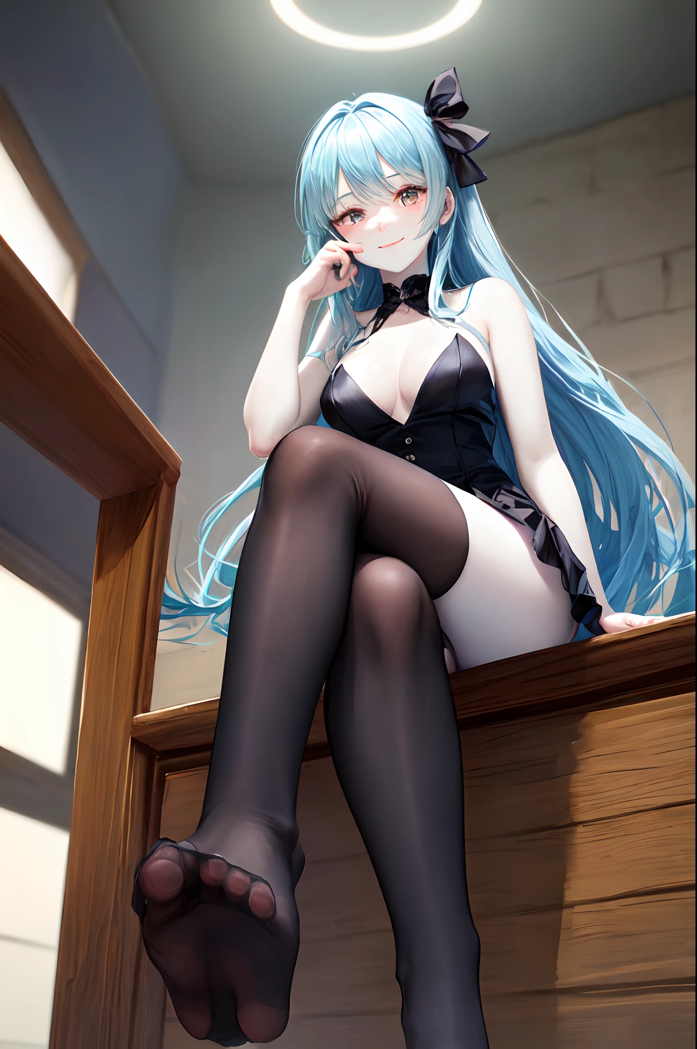 (((presenting foot))), foot towards camera, foot towards viewer, from below, (black thighhighs), showing foot to viewer, (presenting foot), looking at viewer, from below, (hand on own thighs), eyelashes, (pale skin:1.4), anime style, masterpiece, 8k, sharp details, 1girl, solo, light blue hair, full body black dress with skirt, mature female, medium breasts, black side twin hair ribbon, brown eyes, long hair, sleeveless, closed mouth, crossed legs, light smile, sitting