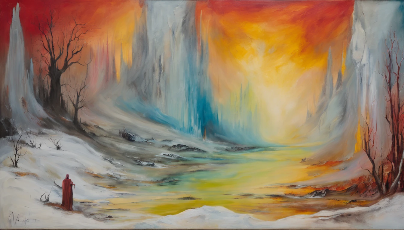 painting of an icy hell, with souls suffering in a cold desolation, dante's inferno style art