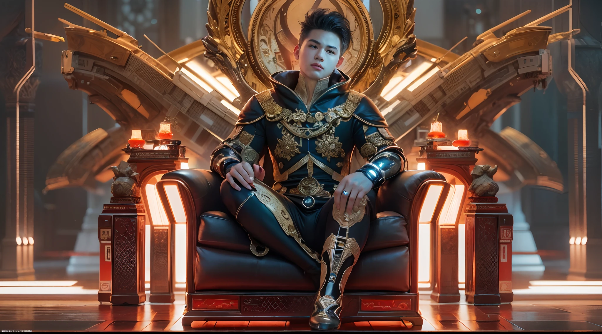 1boy, photo of handsome smiling young 25-year-old male Chinese prince sitting on his throne, clothed in futuristic cybernetic armor, wearing large futuristic crown, sci-fi, intricate, very very handsome, suave, neon light, ((perfect face)), ((perfect hands)), ((perfect body)), ((correct anatomy)), ((ultra-realistic)), ((8k, UHD)), highly detailed, digital painting, artstation, concept art, human anatomy, soft light, smooth, illustration, art by tian zi and craig mullins and WLOP and alphonse mucha