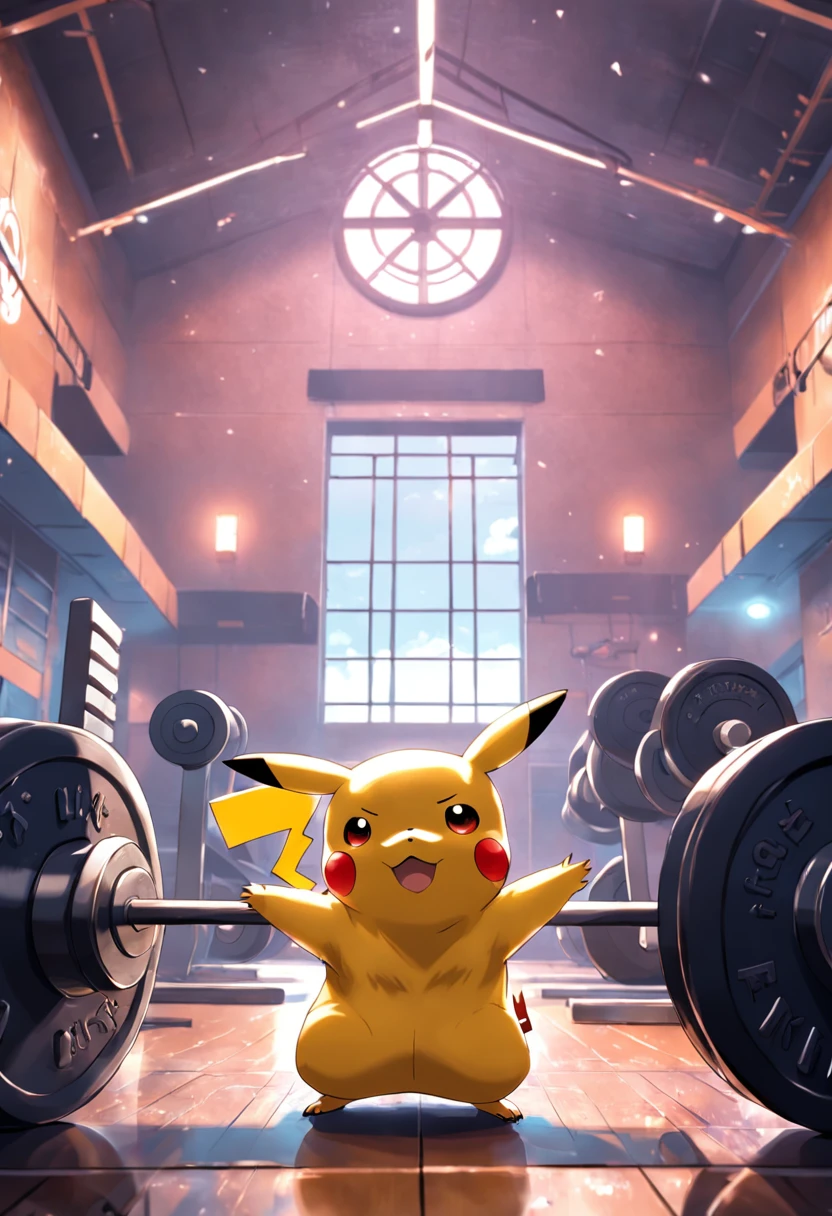Pikachu doing intensive weight training at the gym.