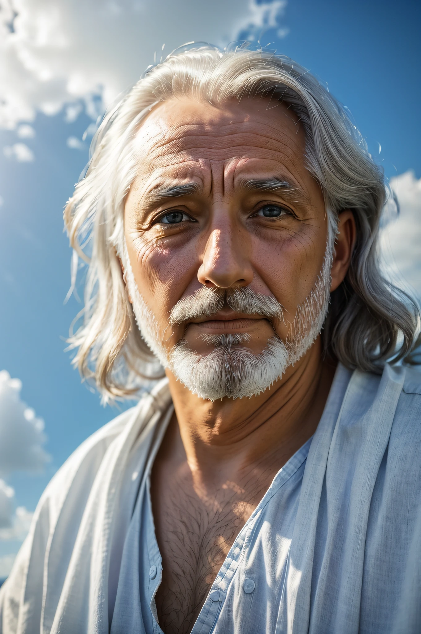 Elderly man, looking at the viewer, Pleasant light, Close-up portrait of Jesus Christ, ((dress shirt)), night sky background with moonlight and stars, Serene expression, Light eyes with confident and seductive look, Blue light background, White clouds bg, Historical realism, Made in Adobe Premier , ((attention to dress shirt)) Attention to historical accuracy and detail in expression, soft tones, heavenly and pleasant atmosphere , by Igor Sid, Sergei Glushkov