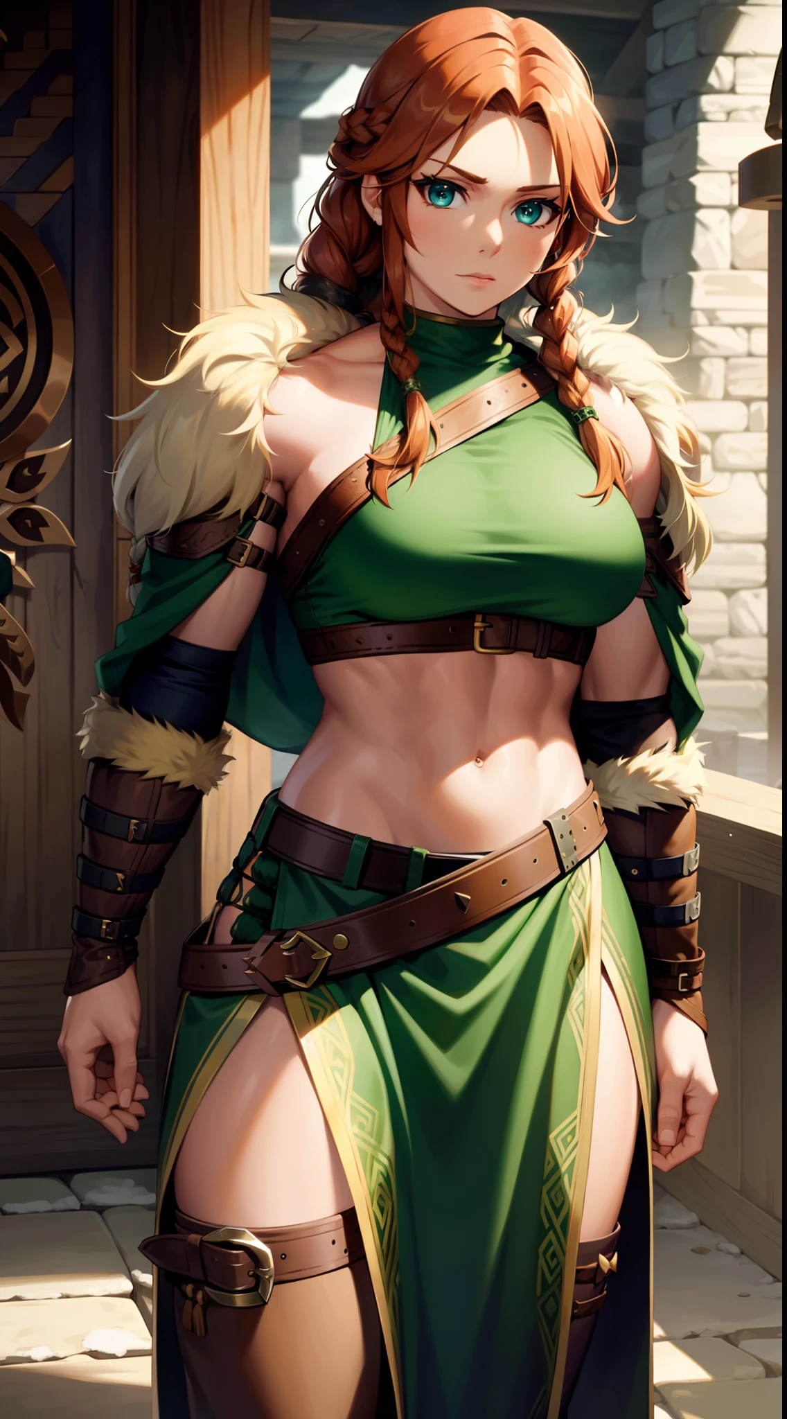 One female, Muscular, strong. Emerald green eyes; ginger brown hair with Viking braid mullet. Tribal facial makeup, Viking, Fur hanging from belt, pants, Fur cloak hanging on one shoulder. Shoulder pad armor, Leather strap top, winter boots