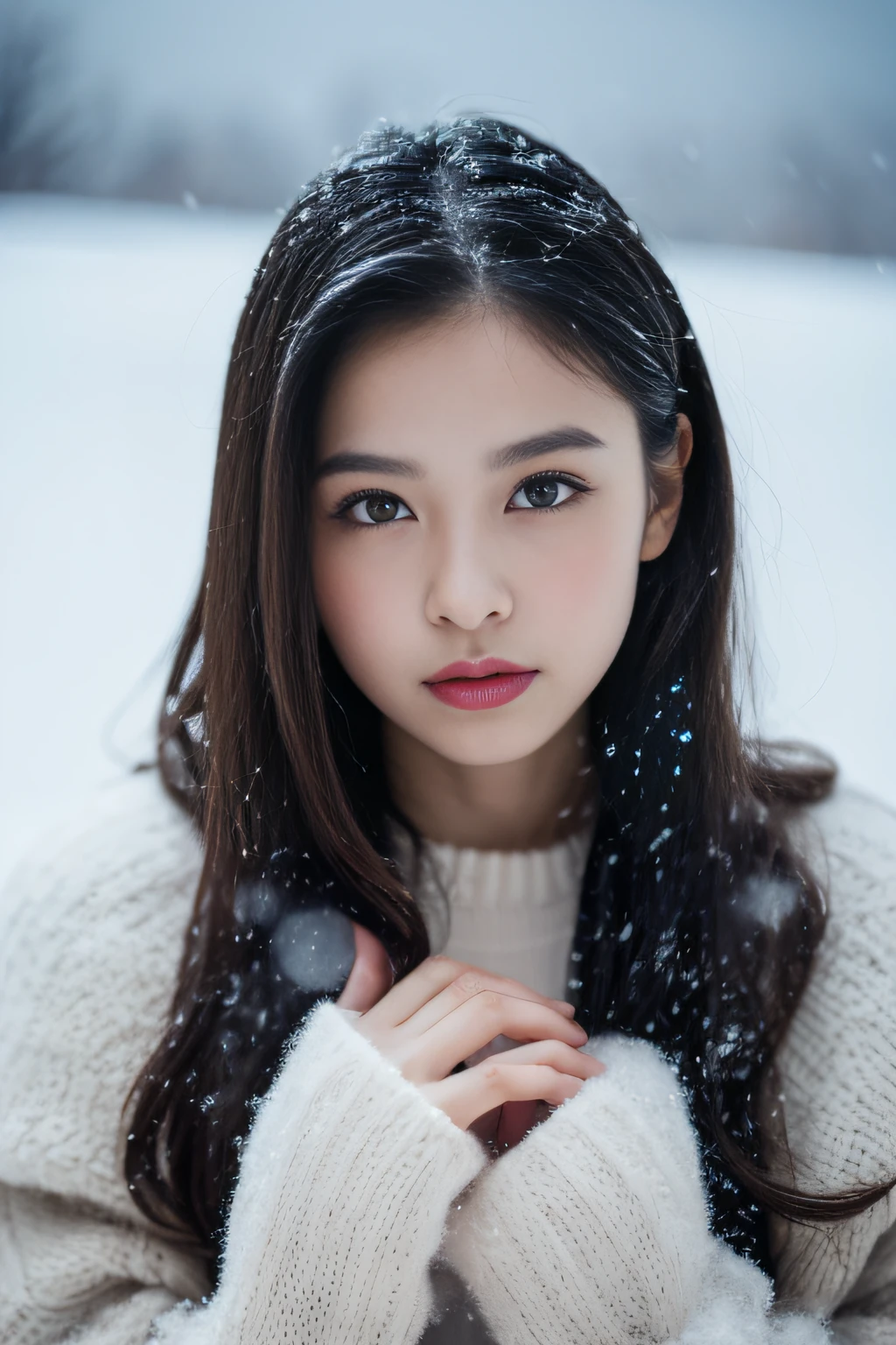 (in 8K、top-quality、masutepiece、超A high resolution:1.2) 、(Cold style:1.1) 、(Gloomy winter snow:1.4) 、beautfull Japanease woman、25-years old、Long、Winter costume、professional photograpy、artistic、