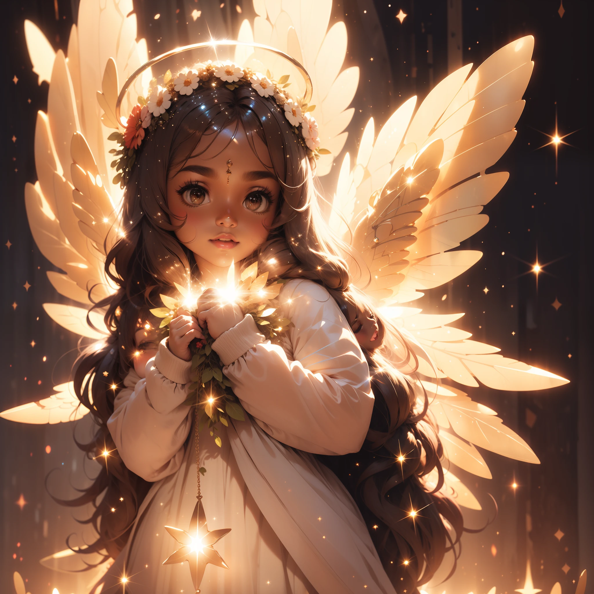 A brown skin angel 😇, with her halo, 😇, sparkling pictures, high quality pictures