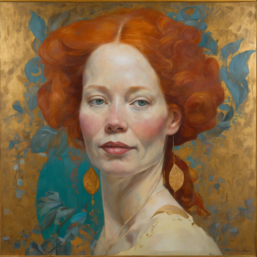 Close-up of a woman with red hair and a golden background, reine nordique, inspired by James Christensen, Art nouveau , inspired by James C. Christensen, style Gustav Klimt, une belle fantastique, ancient goddess , inspired by Tosa Mitsunobu, inspired by Edo Murtić