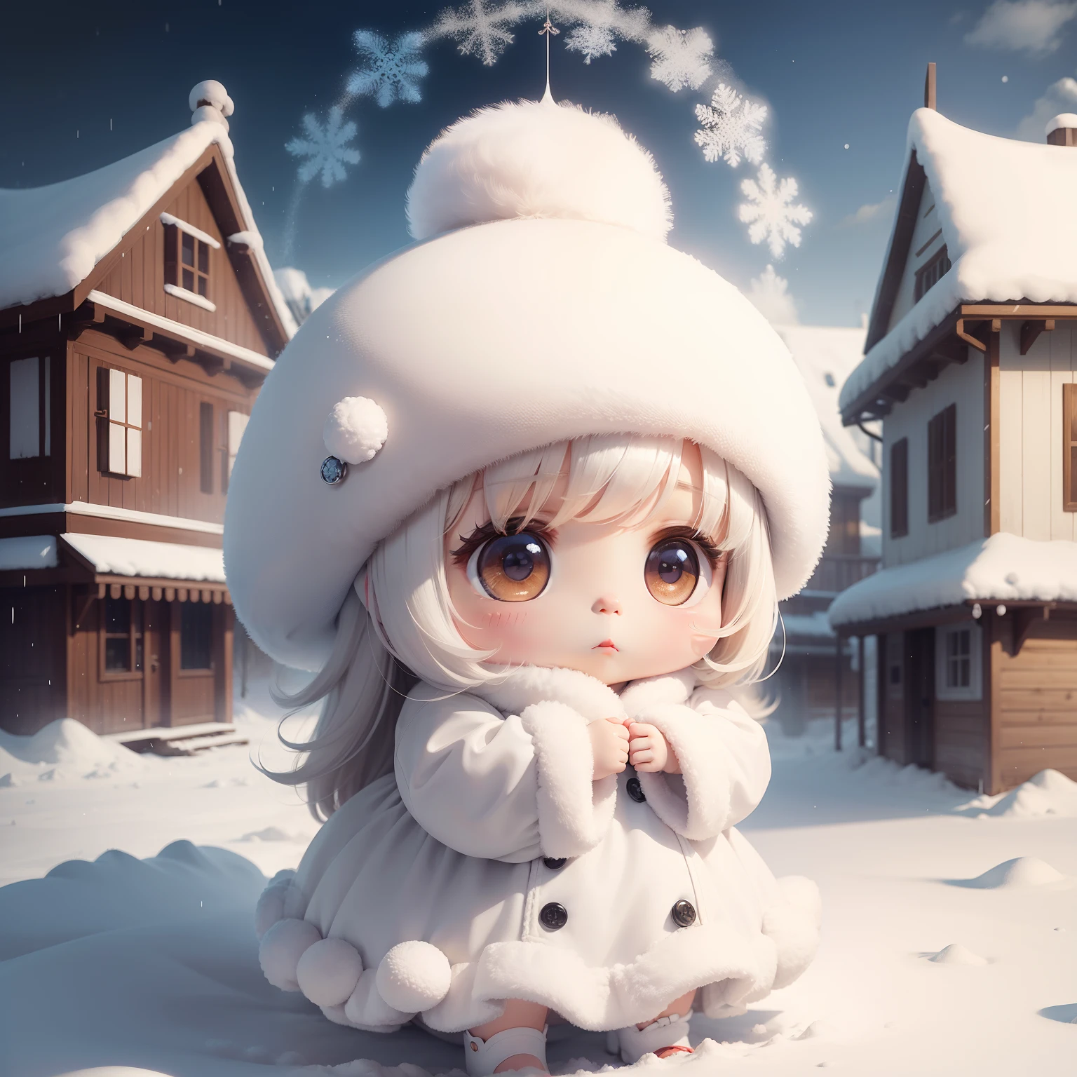 Cute Baby Chibi Anime,Fluffy white dress,Snowflake,White Western-style building,