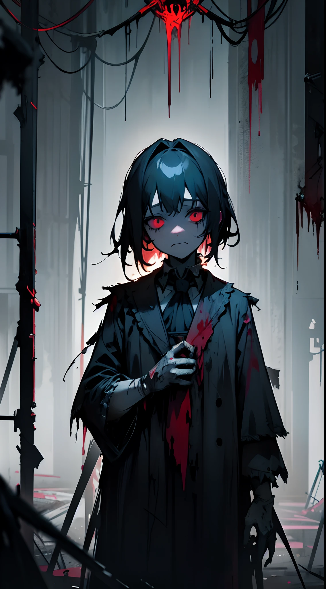 ((Blood droplets)), ((blood)), ((blood splatter)), ((blood on clothes)), ((blood stain)), hospital, nurse uniform, (have a knife), cadaver, desolation, anxiety, absurdres, RAW photo, extremely delicate and beautiful, masterpiece, Best Quality, ultra high resolution, 32k, hyperrealistic, ultra-detailed, detailed description, pale skin, 20 years old, tearful mole, earring, Colossal tits, short medium hair, wavy hair, evil grin, full body shot,