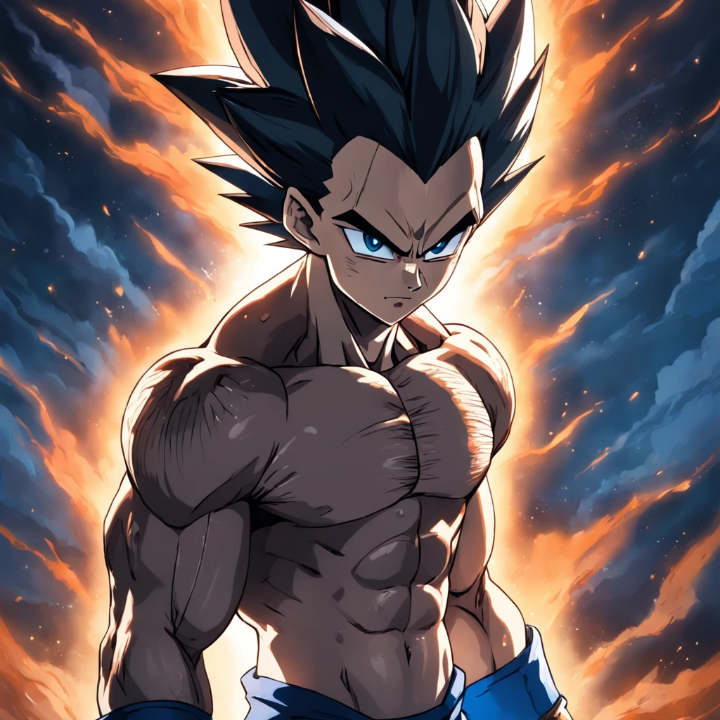 uma arte perfeita de Vegeta ultra ego, cabelos e olhos roxos, envolto em energias e raios roxos, expression serious, well-defined muscles, Sombra realista, incredible details, olhos perfeitos, perfect hands, corpo inteiro, roupa azul, Dark sky in the background.