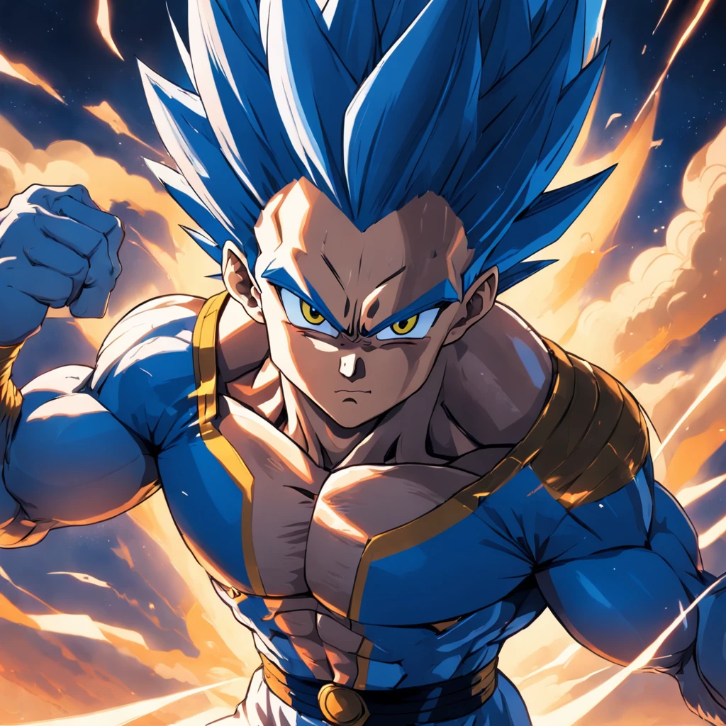 uma arte perfeita de Vegeta ultra ego, cabelos e olhos roxos, envolto em energias e raios roxos, expression serious, well-defined muscles, Sombra realista, incredible details, olhos perfeitos, perfect hands, corpo inteiro, roupa azul, Dark sky in the background.