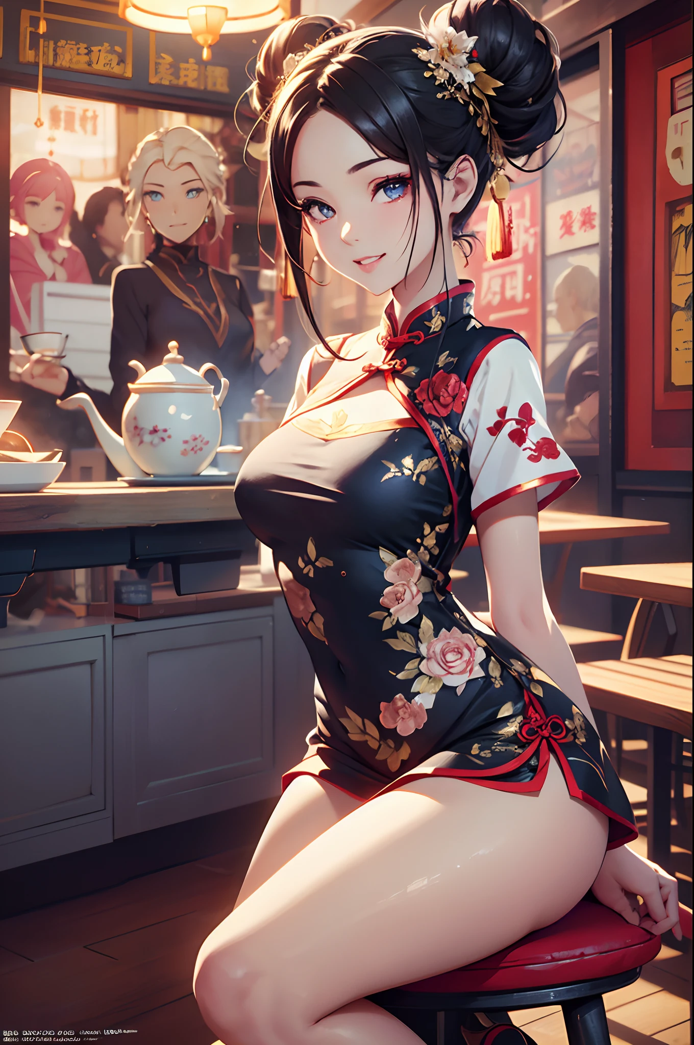(Official art、Best Quality、Unity 8k Wallpapers、32K、masterpiece、ultra-detailliert、超A high resolution、realisitic、Photorealsitic:1.2)、(Cinematic lighting:1.2)、Fireglow effect、film grains、Best Shadows、Rim lighting、side lights、sideshot、(Ultra-detailed and complex 3D rendering)、Detailed beautiful face and eyes、A slender、Medium bust、(Full body:1.2)、 Highly detailed background、Chinese Restaurant、Carry dishes、beauitful face、blurry backround、a beauty girl、(super detailed skin、detailed skin textures:1.3)、Black hair、short-hair、Double bun、Blue eyes、Red cheongsam with gold thread embroidery、Wearing high heels、Floral hair ornament、Smile with open mouth、(thighs thighs thighs thighs:0.9)、Sitting on a desk、dynamicposes、