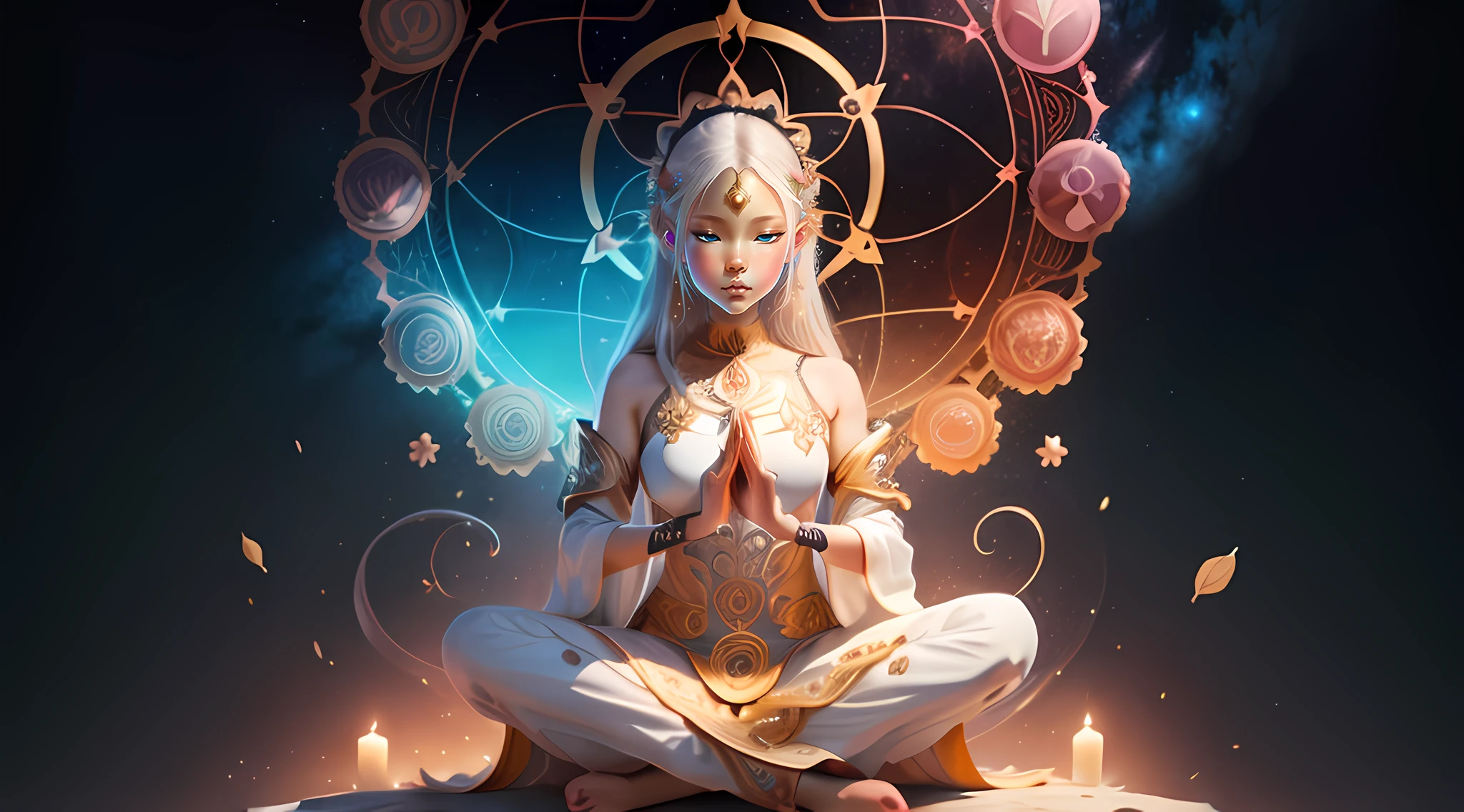 Anime Girl assise en position de lotus avec des fleurs brillantes et une horloge, Elven spirit meditating in space, Elven angel meditating in space, beautiful celestial mage, Artgerm Julie Bell Beeple, Fantastique Art Behance, NeoArtcore et Charlie Bowater, Beeple et Jeremiah Ketner, digital fantasy art ), zen méditation cyberpunk