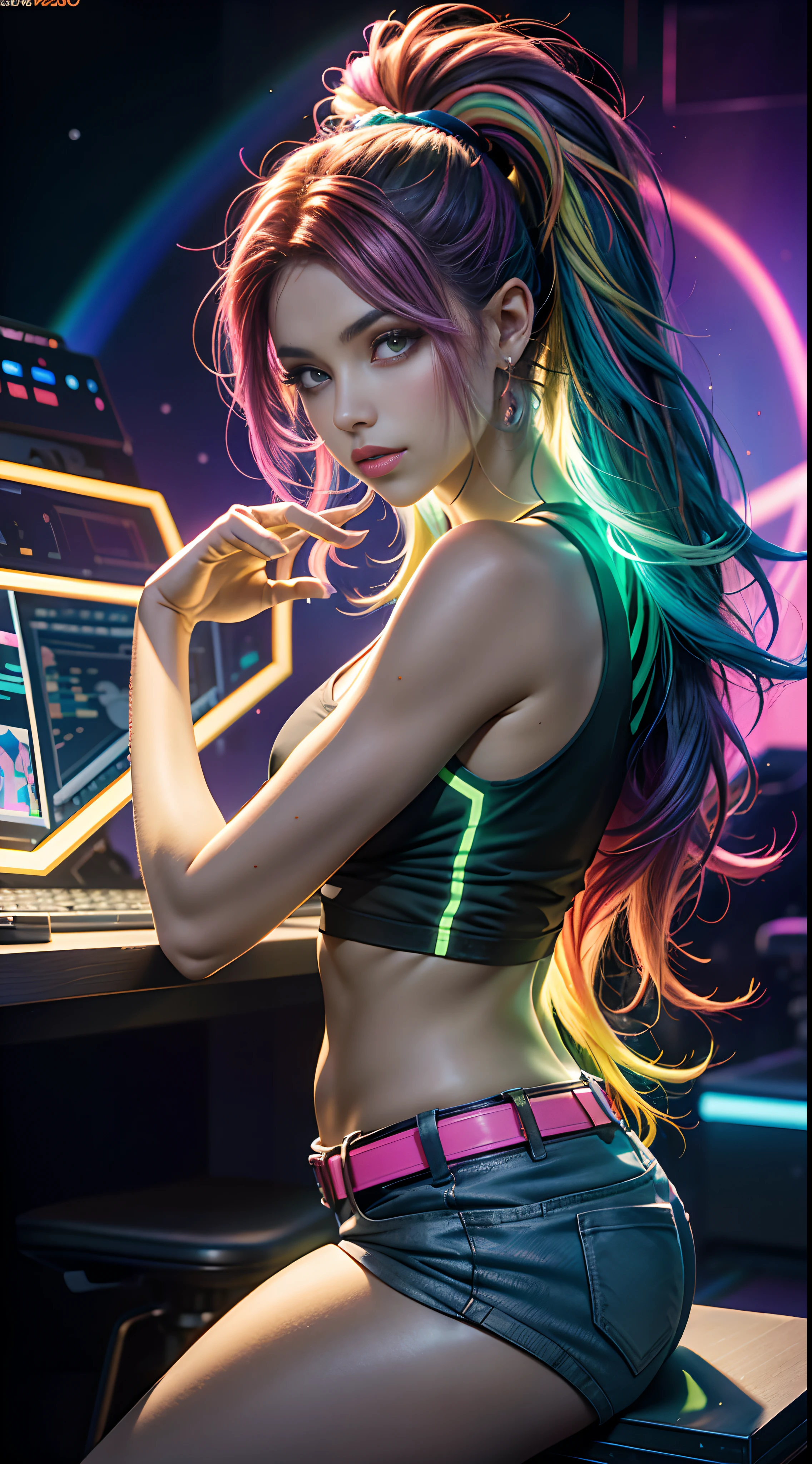 mulher arafed ((Mexicano))with long rainbow hair and a neon cyberpunk tank top, retrato, Ela tem um rosto bonito, Imagens da Webcam, clivagem, peituda, sexy look at the camera, Fotografado na webcam, 4 8 0 p, 480p, Seu peito, she's facing the camera, gorgeous female, fundo do clube de discoteca, RGB, LED Rave Lighting