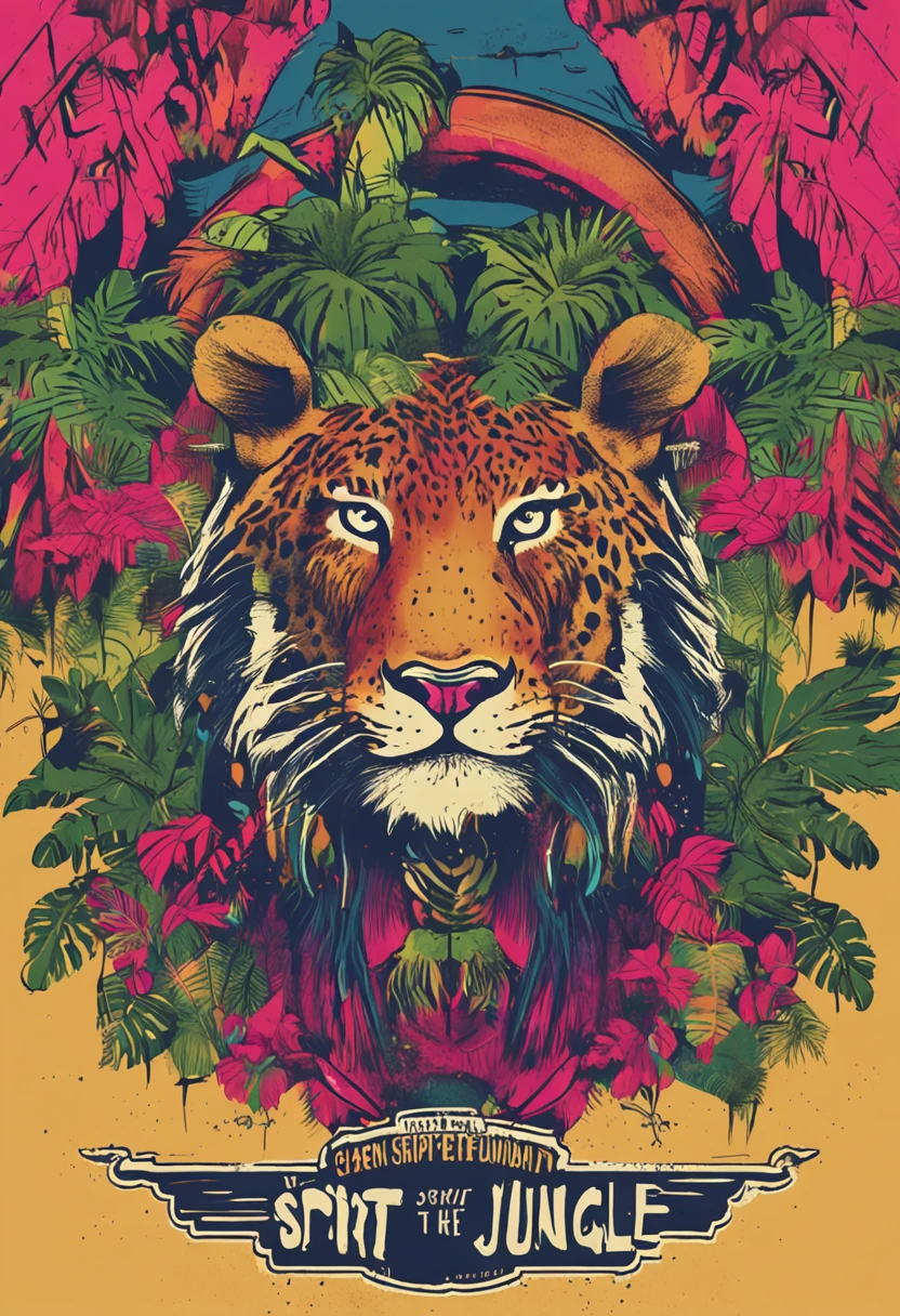 "T-shirt print written 'spirit of the jungle', escreva 'jungle spirit' em tamanho gigante na camiseta."