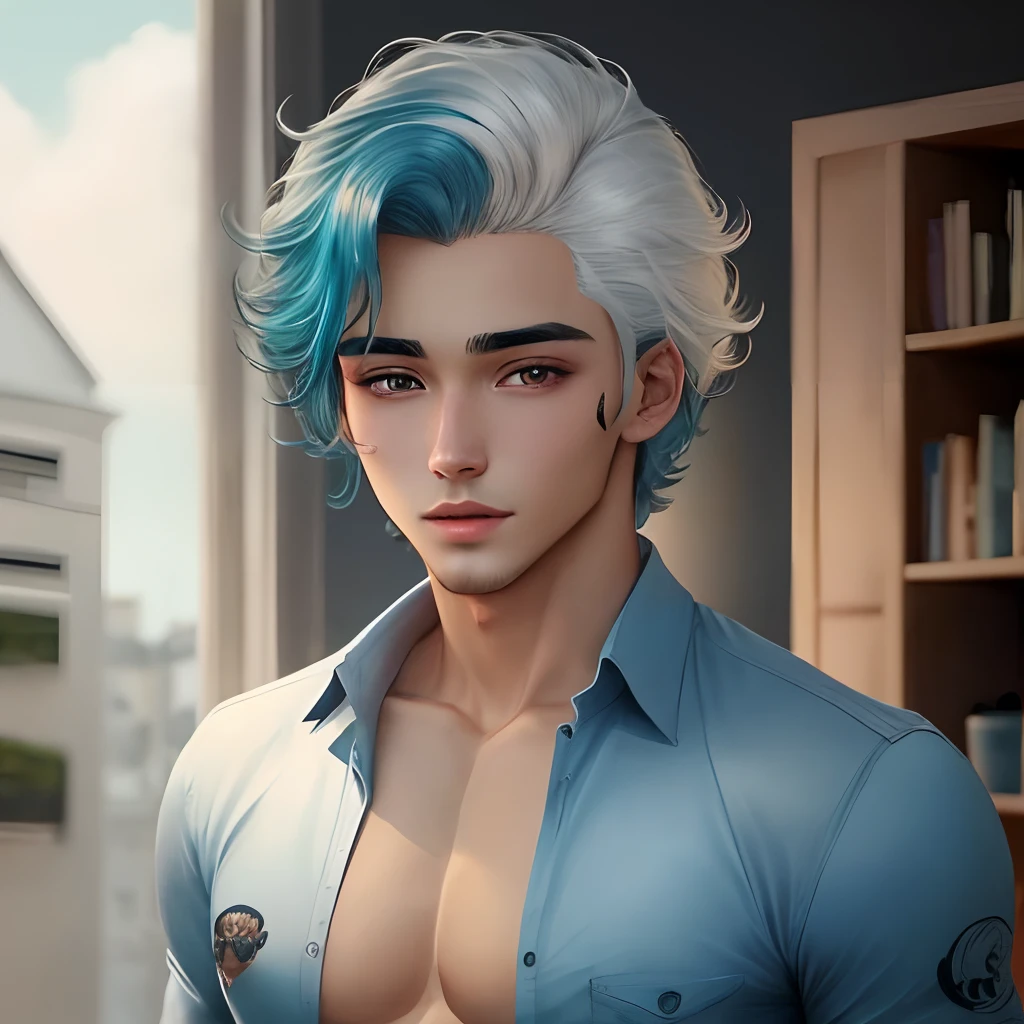 Um garoto, lindo, sexy, cabelo vermelho vivo, olhos azul gelo, cabelos longos cacheados,