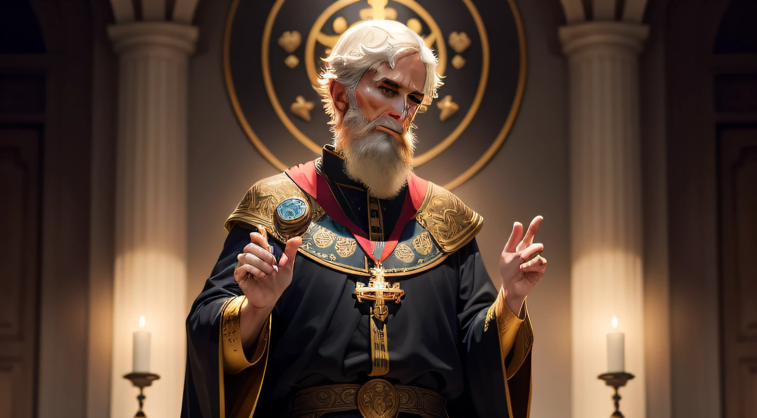 Create an engaging and captivating thumbnail for a video dedicated to the spiritual protection and history of St. Benedict. The thumbnail should represent the essence of St. Benedict and his connection to faith, ao mesmo tempo em que desperta curiosidade e interesse.
View São Bento featured, with a serene and determined expression on his face. He must be holding the iconic medal in one hand, while the other hand is raised in a gesture of blessing. A medalha brilha com detalhes dourados, reflecting the importance of protection against evil.
O fundo da thumbnail deve ser um contraste atraente de tons dourados e azuis profundos, evoking the spirituality and serenity associated with St. Benedict. Use soft lights to highlight St. Benedict and the medal, criando um efeito de luminosidade.