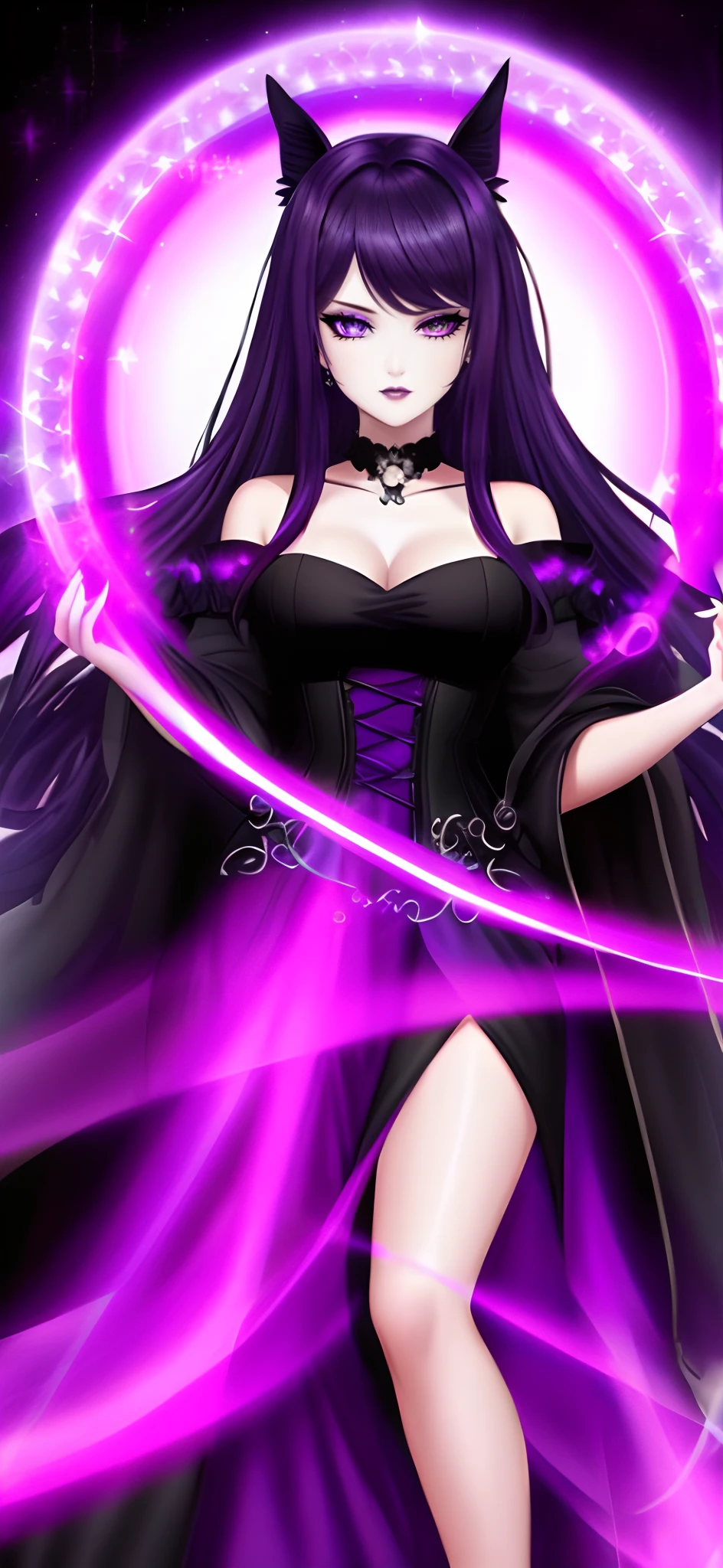 Purple photo room with black dress and woman on purple background, Sensual gloomy style, imvu, second life avatar, lacivious pose, sinister pose, Darkfay, dreamy gothic girl, gothgirl, spellcasting pose, gotik, fashionable dark witch, the witch, secondlife, ((wearing aristocrat robe)), goth vibe