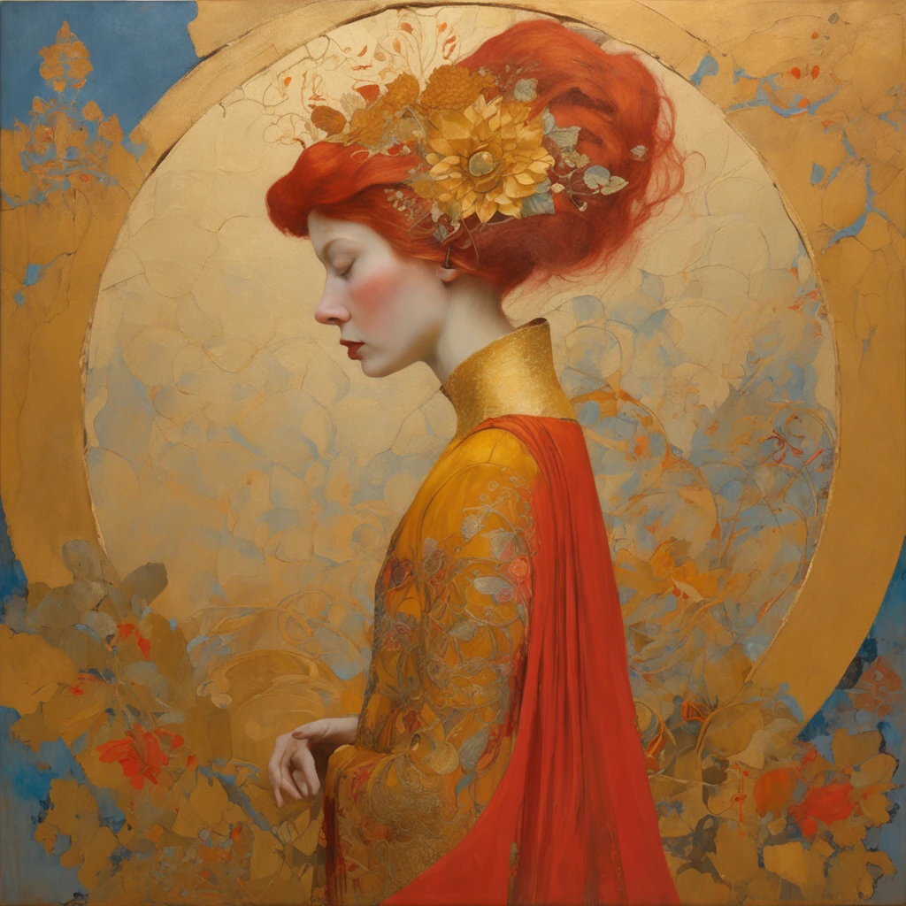 Close-up of a woman with red hair and a golden background, reine nordique, Inspired by James Christensen, art nouveau , inspired by James C. Christensen, style Gustav Klimt, une belle fantastique, Ancient goddess , inspired by Tosa Mitsunobu, inspired by Edo Murtić