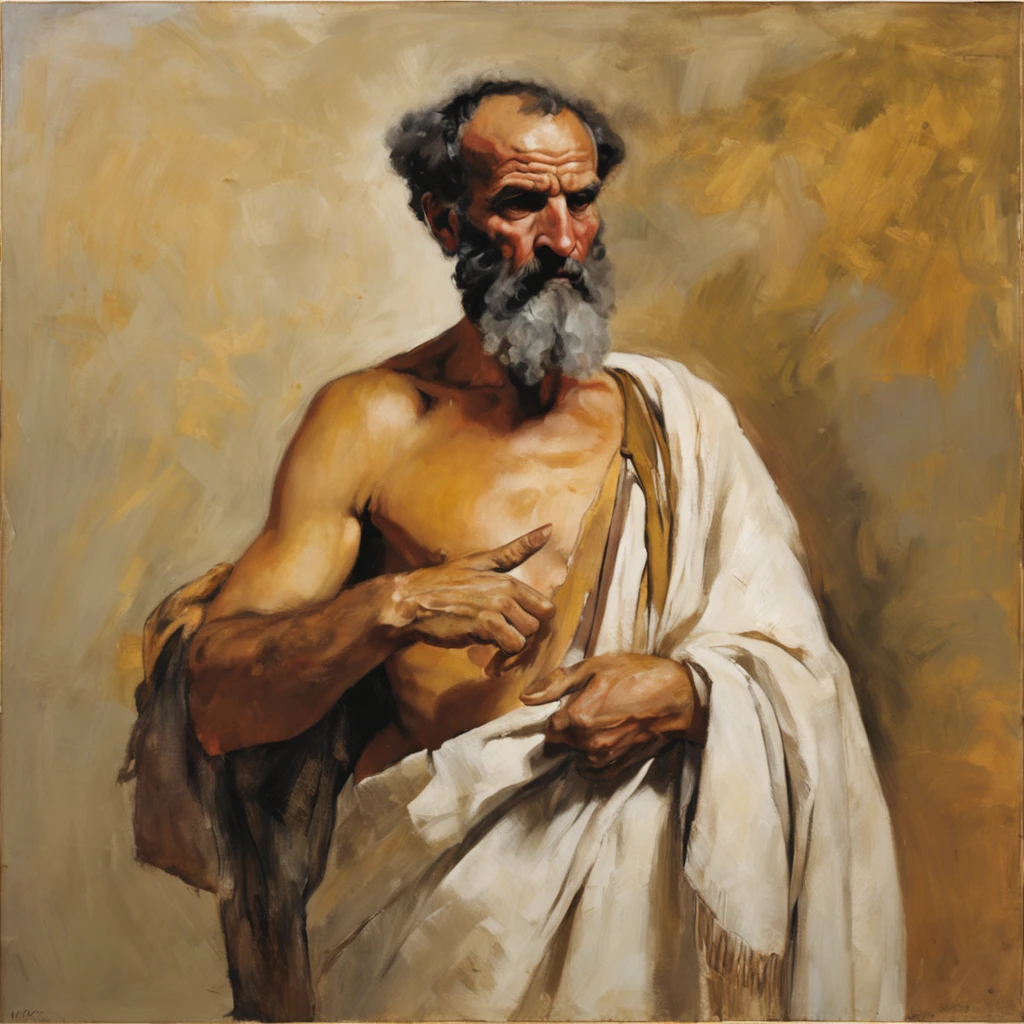 470 B.C. A middle-aged Greek man in period clothes, bare-chested, has his finger pointing upwards, his other hand outstretched like one hoping to pick something up. angry expression, full white beard, no background, style of Jacques-Louis David