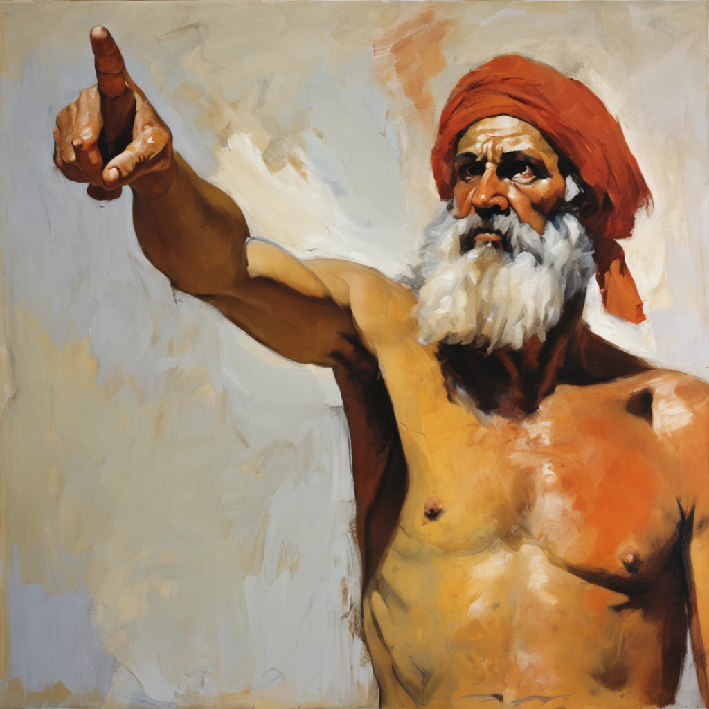 470 B.C. A middle-aged Greek man in period clothes, bare-chested, has his finger pointing upwards, his other hand outstretched like one hoping to pick something up. angry expression, full white beard, no background, style of Jacques-Louis David