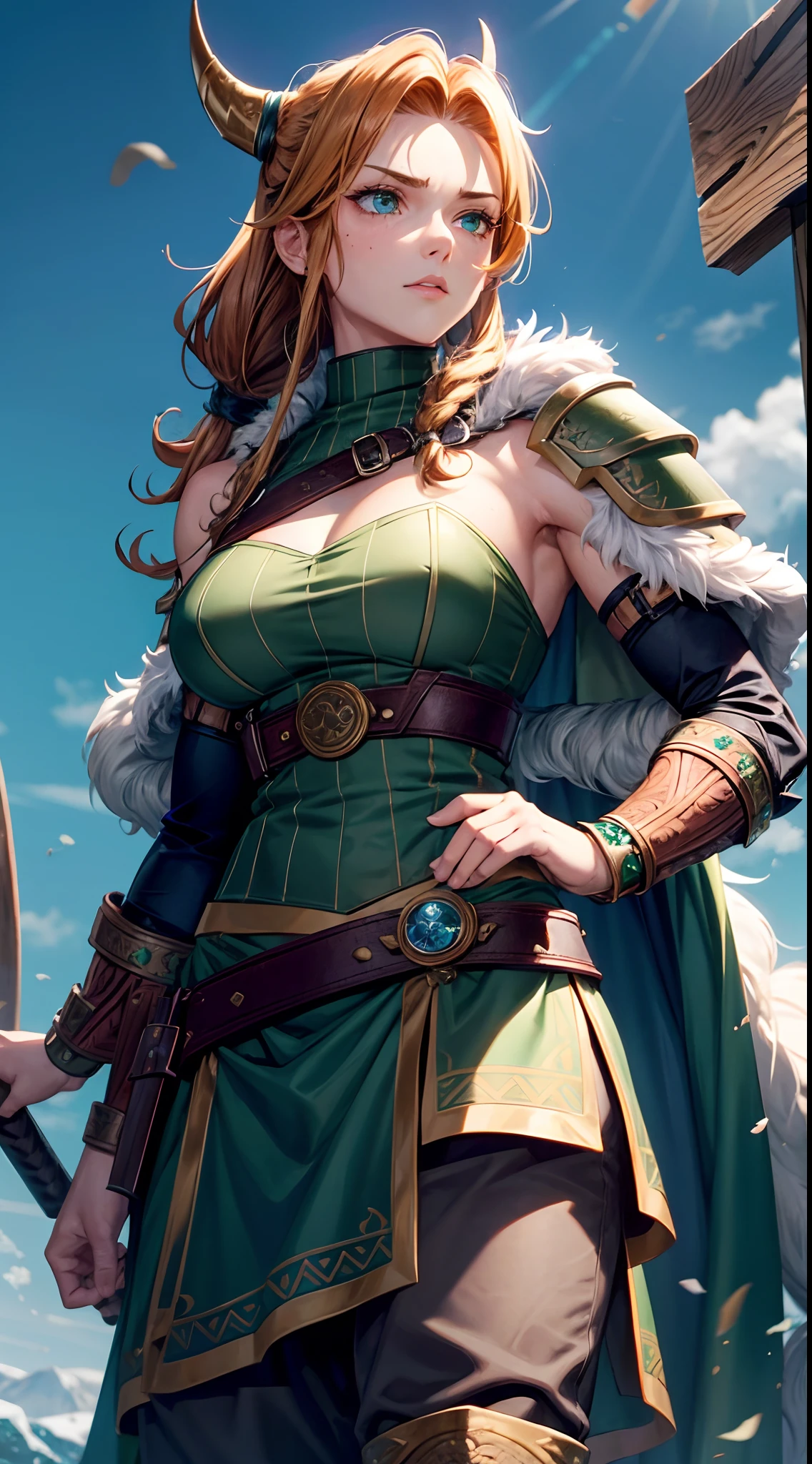 One female, Muscular, strong. Emerald green eyes; ginger brown hair with Viking mullet. Tribal facial makeup, Viking, blue and grey colors, Fur hanging from belt, pants, Fur cloak hanging on one shoulder. Shoulder pad armor, Leather strap top,