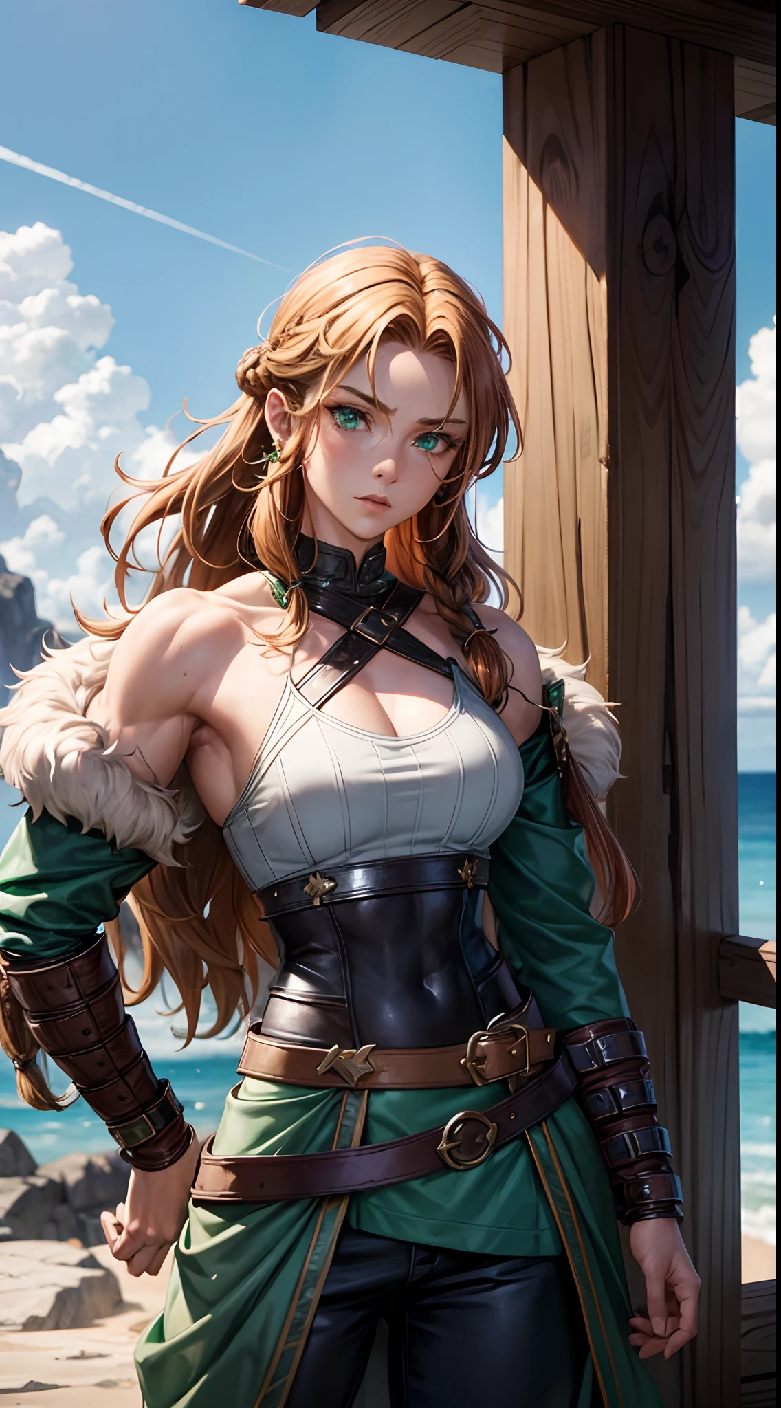 One female, Muscular, strong. Emerald green eyes; ginger brown hair with Viking mullet. Tribal facial makeup, Viking, blue and grey colors, Fur hanging from belt, pants, Fur cloak hanging on one shoulder. Shoulder pad armor, Leather strap top,