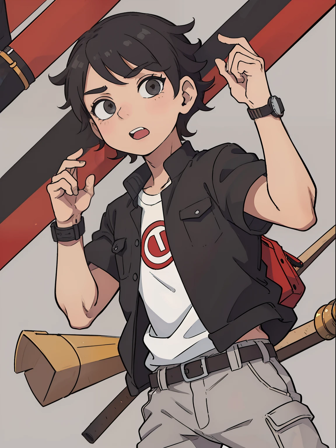 ((1garoto)) jovem, menino, masculino, cabelo marrom, cor marrom dos olhos, jaqueta preta com uma listra vermelha no meio na horizontal e a manga da camisa branca, gray cargo pants, smartwatch preto, Black and white baseball cap with two red stripes, gray cargo pants, desenho, manga, ((obra-prima)) 4k, ((manga-style)) estilo de desenho, conceito de personagem, with a funny face