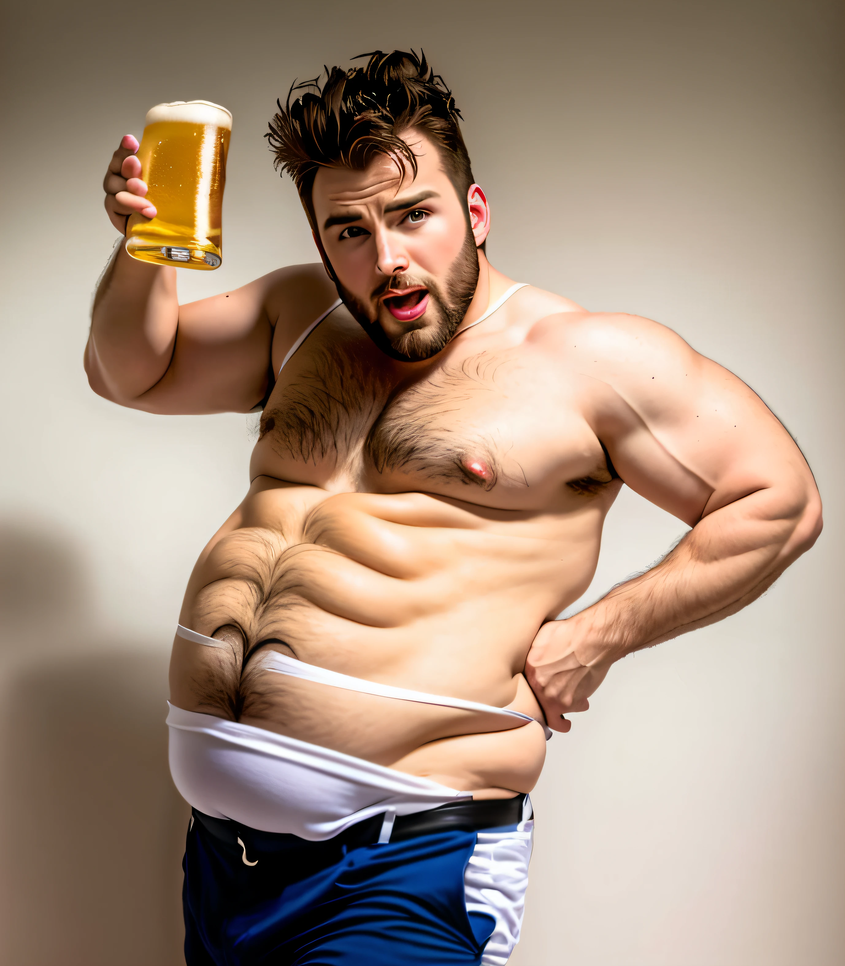 Araffe man in white tank top holding a beer in his hand, barriga gorda, papai que, barriga grande, homem bebendo cerveja, obeso ), corpo bacchanaliano gordo forte, beber uma cerveja, beber cerveja, obeso, big stomach, um obeso, Chris Evans com uma barriga de cerveja, sobrepeso, Inchado, Sidra - Homem, cidra-homem, Pacote de 6 unidades