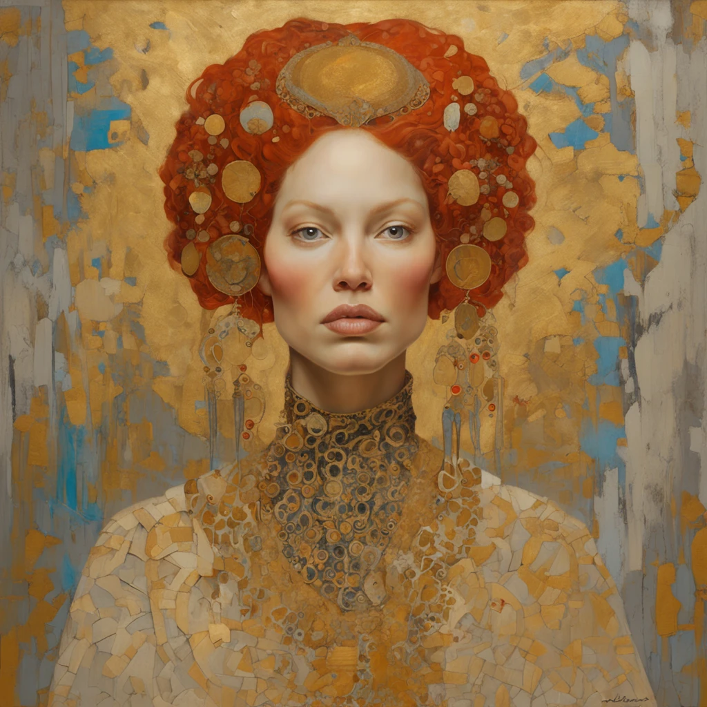 Close-up of a red-haired woman with dark eyes and a golden background, reine nordique, Inspired by James Christensen, art nouveau , inspired by James C. Christensen, style Gustav Klimt, une belle fantastique, Ancient goddess , inspired by Tosa Mitsunobu, inspired by Edo Murtić