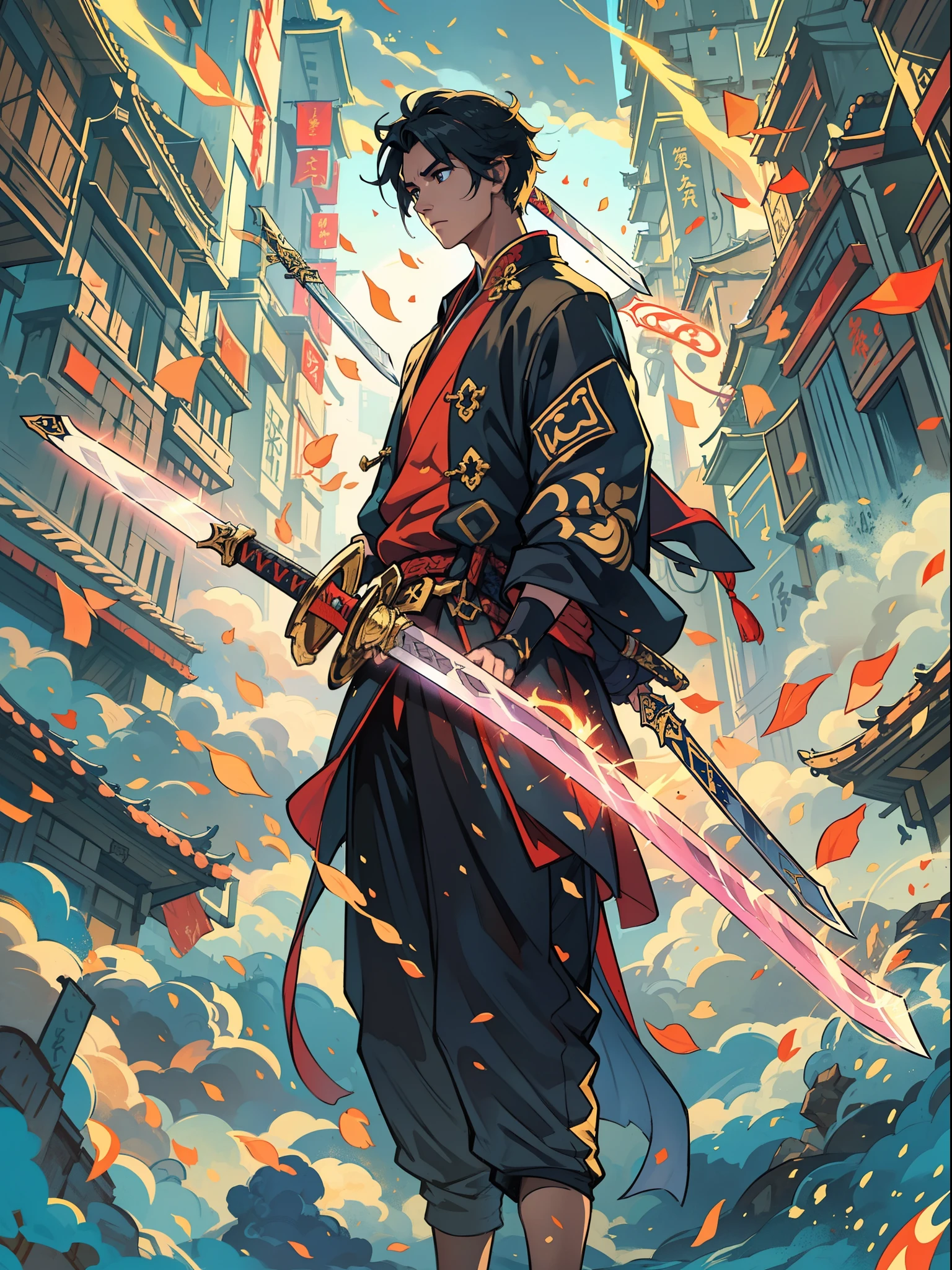 A beauty, Floating in the air, He was surrounded by twenty golden swords,The background is the sky above the city.Unlimited sword system, Tyndall effect, Glow effects, in the style of anime art, Romantic graffiti, Meticulous, Realistic pop music, neo-fauvism, order, 8K,(Ancient Chinese cold weapon_sword1.2).