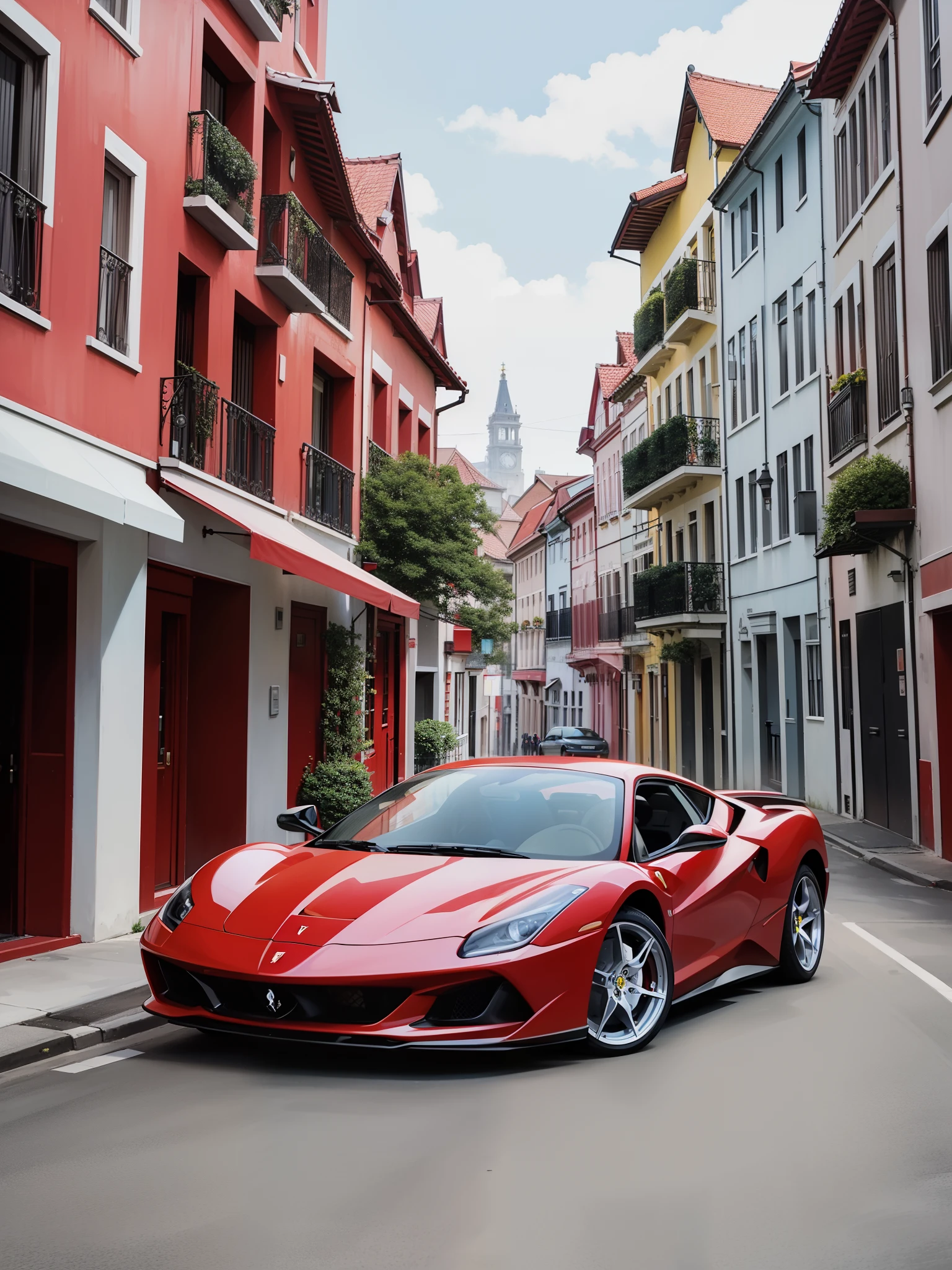 Foto ((solo)) de uma Ferrari vermelha, (parada numa cidade holandesa linda e florida), numa cidade moderna, In the afternoons, dia lindo, nuvens lindas, blue skies.