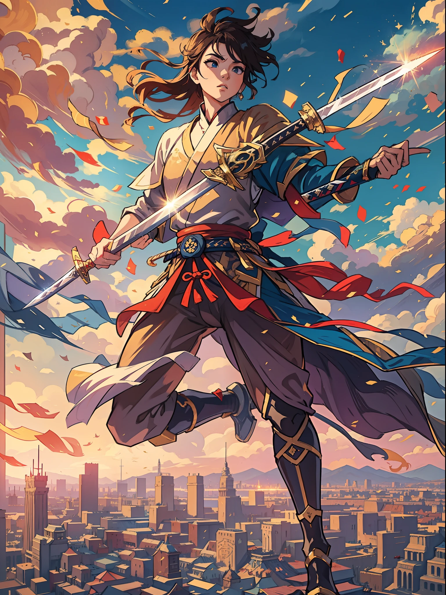 A beauty, Floating in the air, He was surrounded by twenty golden swords，The background is the sky above the city.Unlimited sword system, Tyndall effect, Glow effects, in the style of anime art, Romantic graffiti, Meticulous, Realistic pop music, neo-fauvism, order, 8K,(Ancient Chinese cold weapon_sword1.2).
