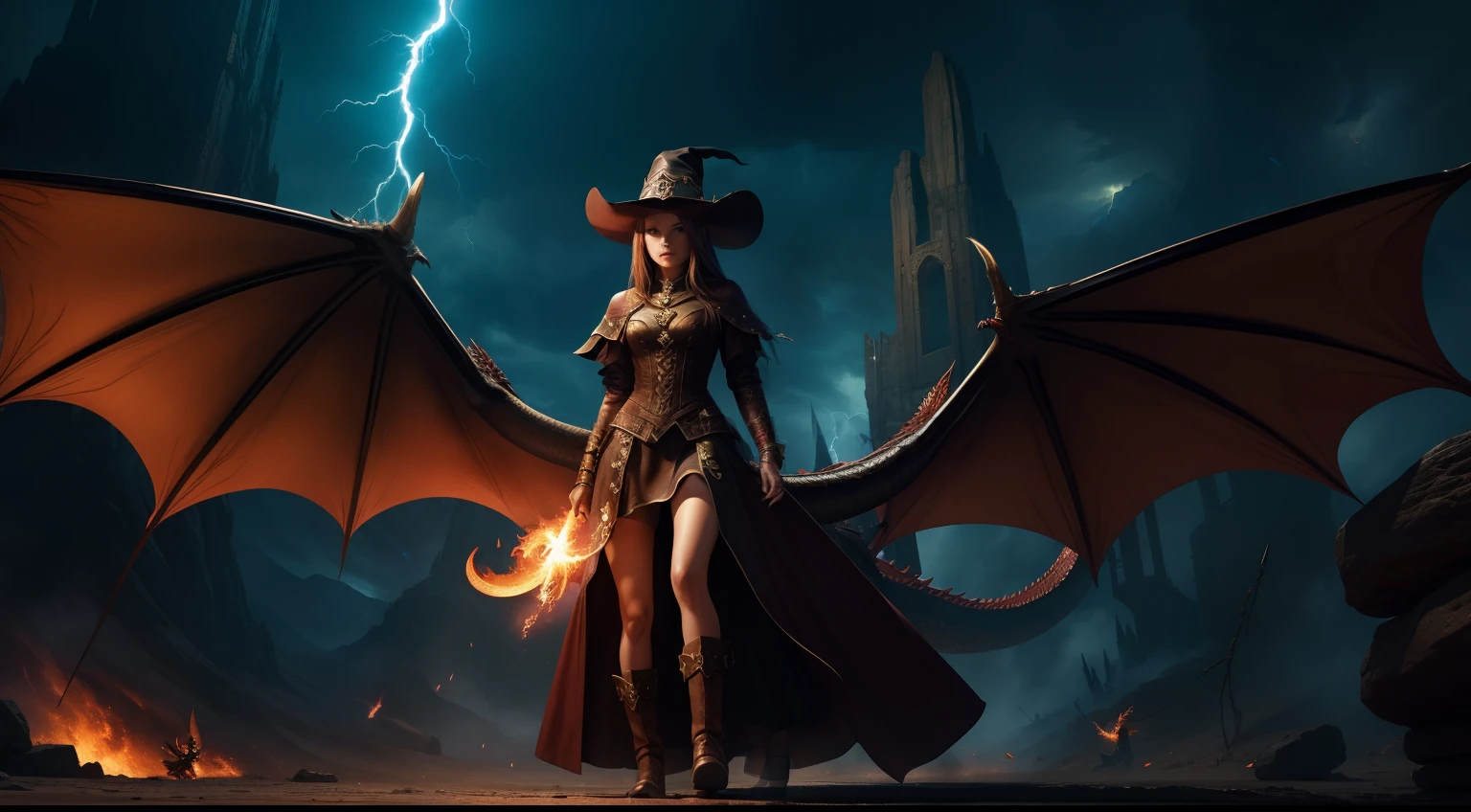 masterpiece,dragon,breathingfire,1girl,cowboyshot,[[[fullbody]]],lookingside,magestaff,magic,leatherarmoreddress,witchhat,explosion,lightning,wind,jewelry,dungeon,hell,