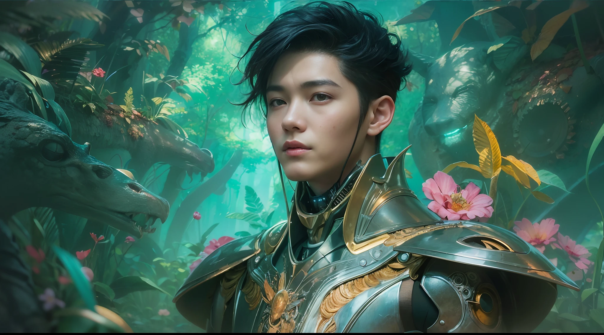 1boy, photo of very very handsome suave smiling young 25-year-old male Chinese prince, clothed in futuristic cybernetic armor, wearing a large futuristic crown, walking in an ethereal enchanted forest with neon glowing flowers and a rainbow in the sky, sci-fi, intricate, neon light, ((perfect face)), ((perfect hands)), ((perfect body)), ((correct anatomy)), ((ultra-realistic)), ((8k, UHD)), highly detailed, digital painting, artstation, concept art, human anatomy, soft light, smooth, illustration, art by tian zi and craig mullins and WLOP and alphonse mucha
