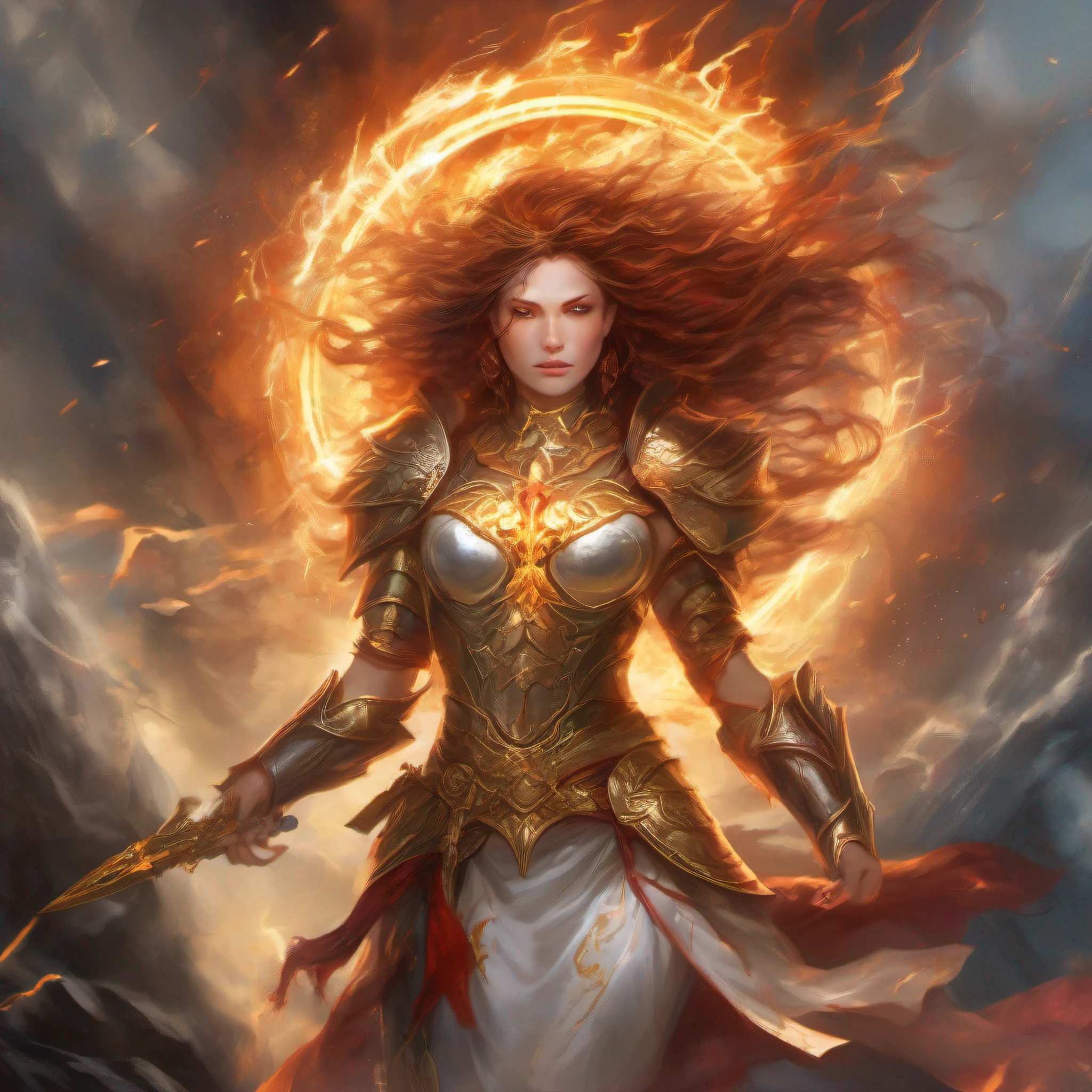 A powerful goddess of war ((emerging from a radiant celestial portal)), adorned in ((gleaming golden armor)), stands tall amidst a battlefield strewn with the remnants of defeated armies. Her fiery ((crimson)) eyes blaze with unrivaled determination, reflecting the ((intense)) flames that engulf the surrounding landscape. With her mighty ((mythical)) sword raised high, she commands the forces of nature to aid in her righteous conquest. Thunderous ((bolts of lightning)) crack through the darkened skies, illuminating her figure and casting an otherworldly glow upon her ((flowing)) hair. The air reverberates with the booming sound of her war cry, echoing across the land, intimidating her foes and inspiring her allies for battle.