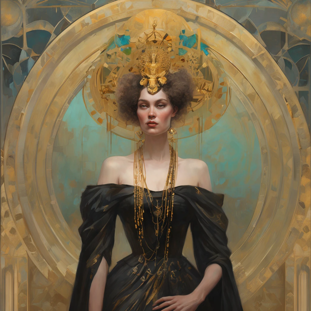 a painting of a woman with a golden headdress and a black dress, Mucha Klimt et Tom Bagshaw, Bel art UHD 4 K, 4k highly detailed digital art, exquisite digital illustration, WLOP complexe, art nouveau! Cyberpunk! style, 4k detailed digital art, Mucha style 4K, Jen Bartel, cyberpunk art nouveau