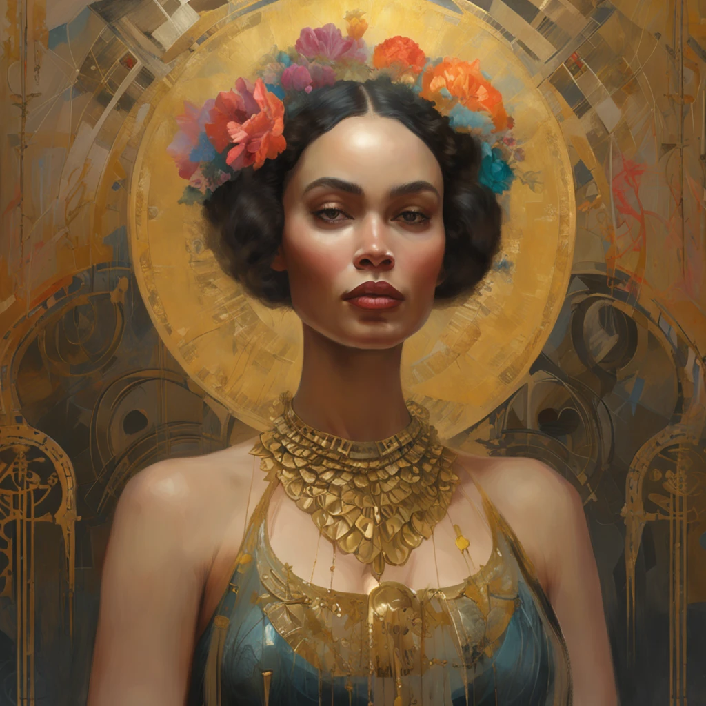 a painting of a woman with a golden headdress and a black dress, Mucha Klimt et Tom Bagshaw, Bel art UHD 4 K, 4k highly detailed digital art, exquisite digital illustration, WLOP complexe, art nouveau! Cyberpunk! style, 4k detailed digital art, Mucha style 4K, Jen Bartel, cyberpunk art nouveau