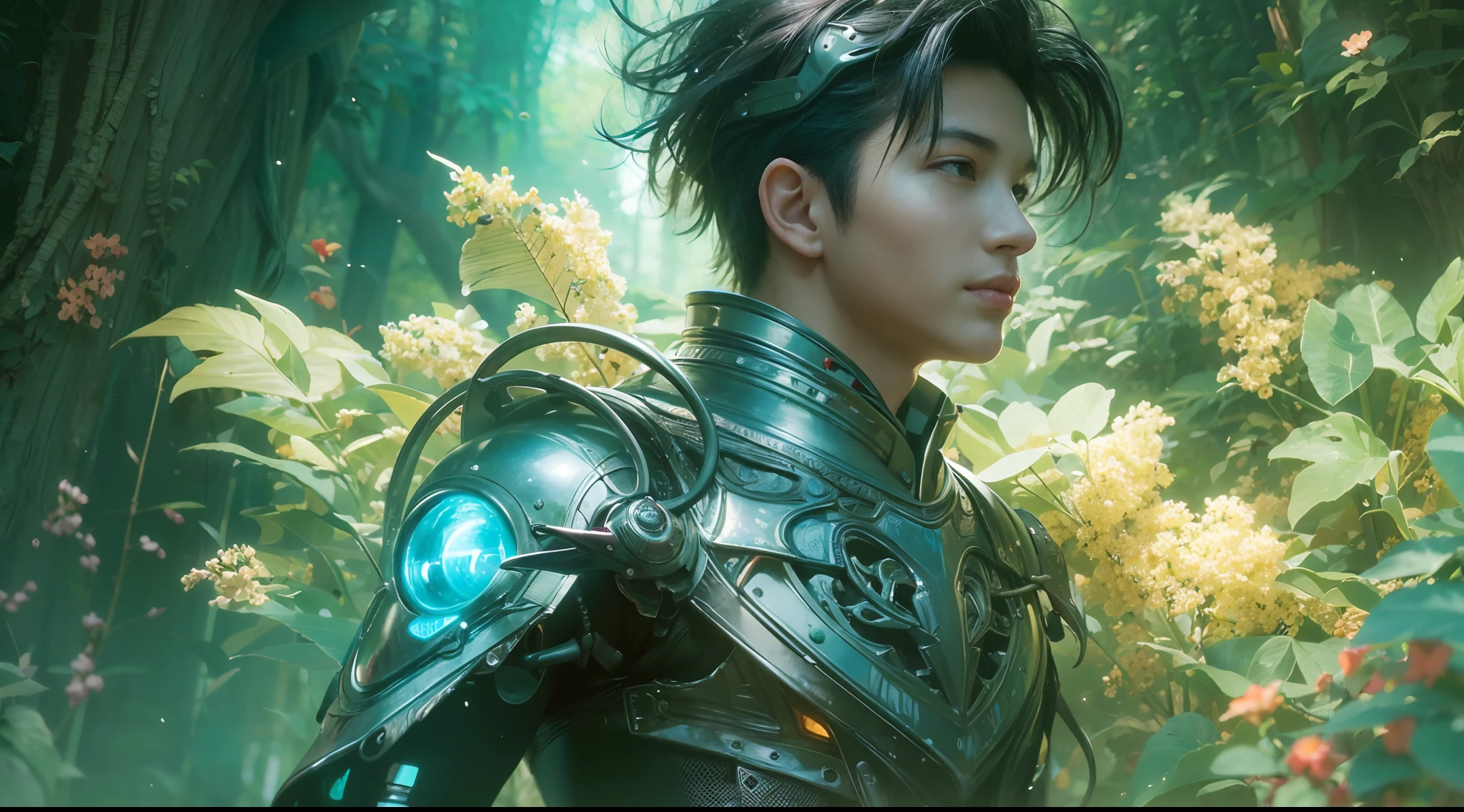 1boy, photo of very very handsome suave smiling young 25-year-old male Chinese prince, clothed in futuristic cybernetic armor, wearing a large futuristic crown, walking in an ethereal enchanted forest with neon glowing flowers and a rainbow in the sky, sci-fi, intricate, neon light, ((perfect face)), ((perfect hands)), ((perfect body)), ((correct anatomy)), ((ultra-realistic)), ((8k, UHD)), highly detailed, digital painting, artstation, concept art, human anatomy, soft light, smooth, illustration, art by tian zi and craig mullins and WLOP and alphonse mucha