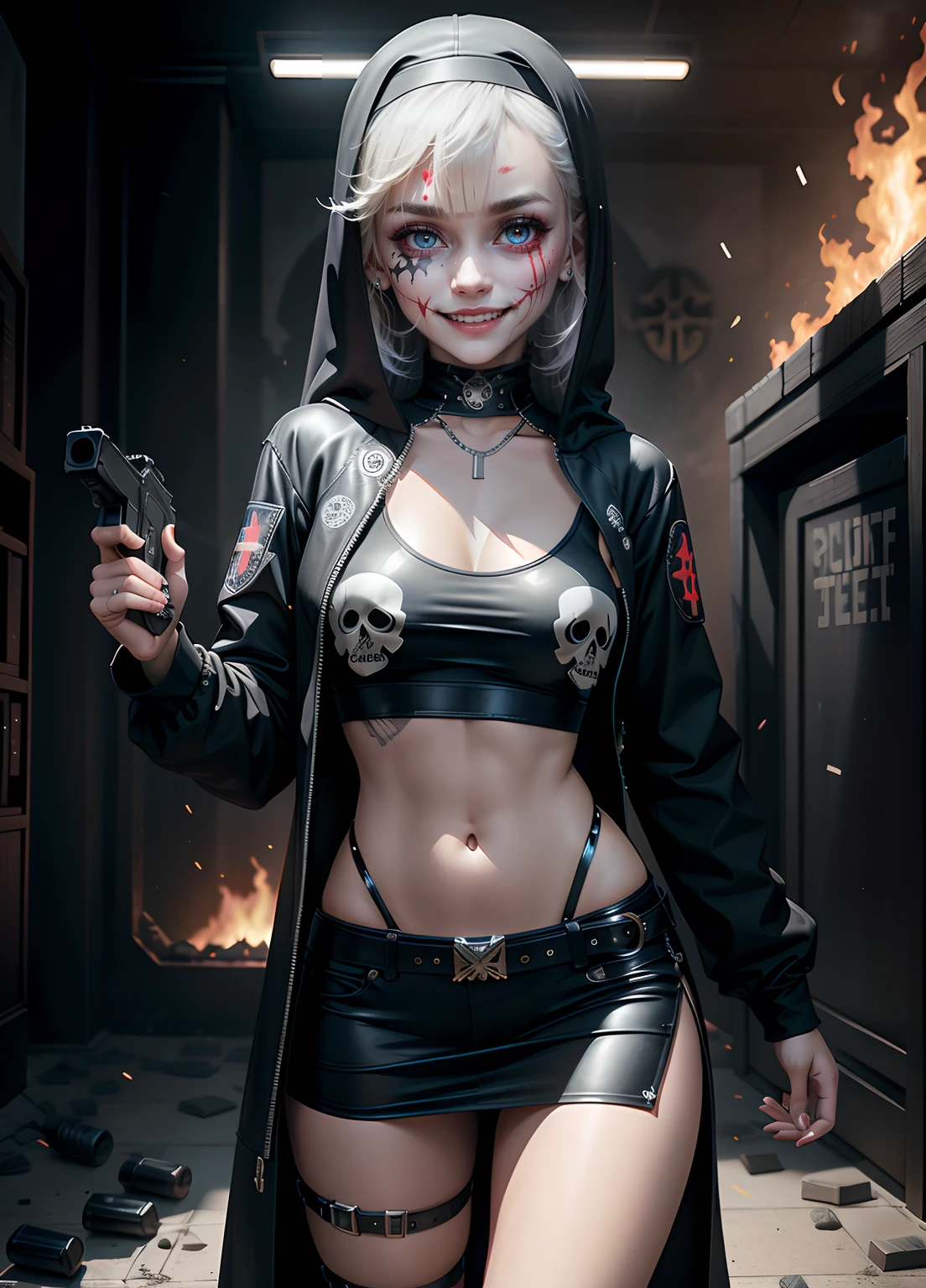 best quality, 8k, insane resolution, cute girl face, JOKER smile, blood marks in the face, simetrical eyes.