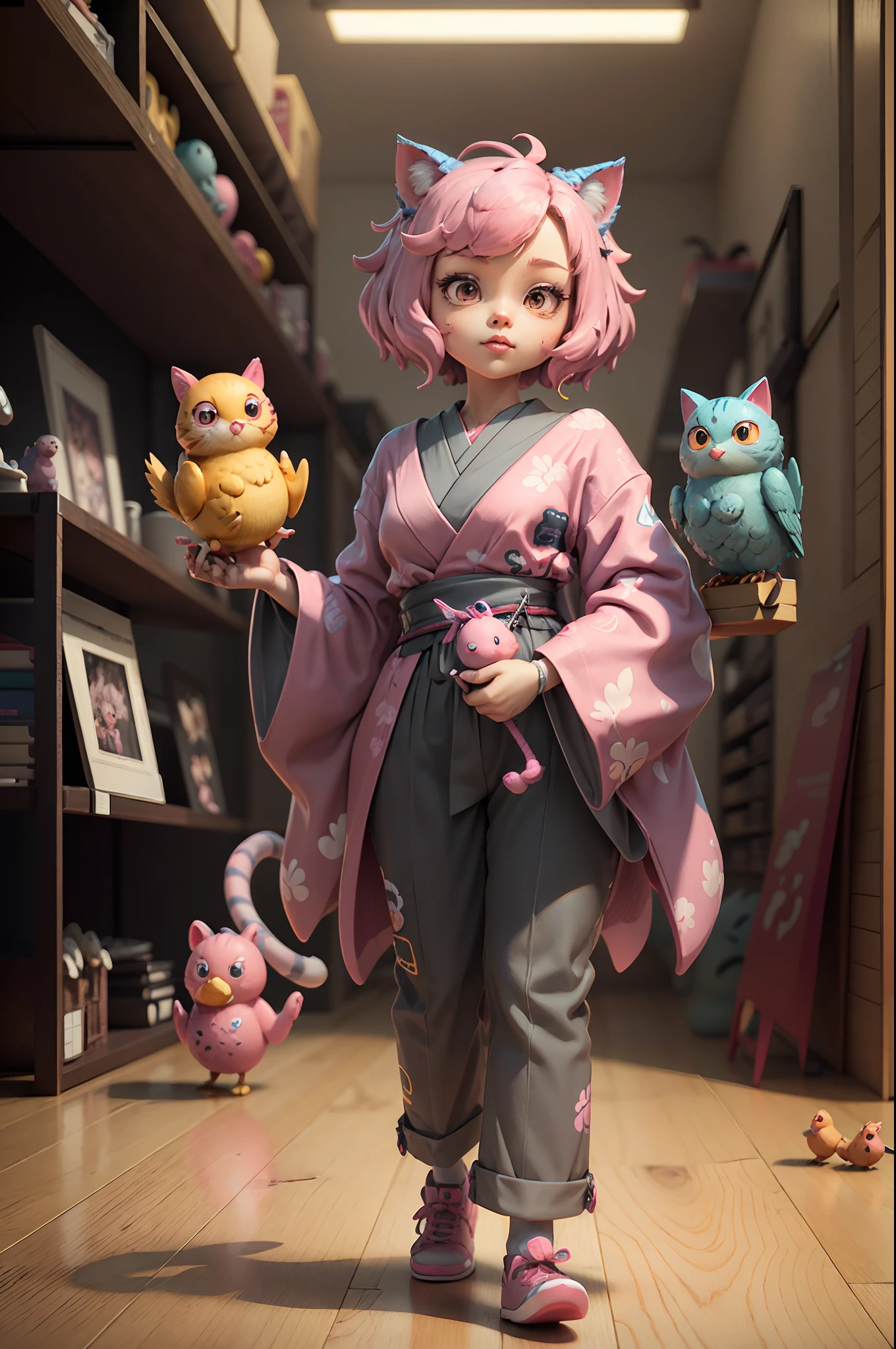 there is a pink and gray cat with a pink bird in its hand, vinyl toy figurine, cute cartoon character, adorable digital painting, cute detailed digital art, cute digital art, animation character, cute 3 d render, pink tigers, cute! c4d, 3d model of a japanese mascot, cute pocelain doll, cartoon character, high detailed cartoon