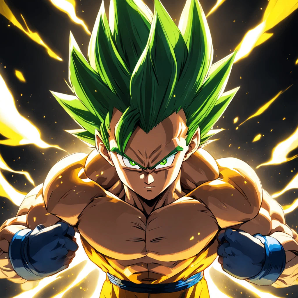 uma arte perfeita de Vegeta como Super Sayajin, cabelos amarelos e olhos verdes, envolto em energias e raios amarelos, sarcastic expression, well-defined muscles, Sombras realista, incredible details, olhos perfeitos, perfect hands, corpo inteiro, roupa azul, Dark sky in the background.