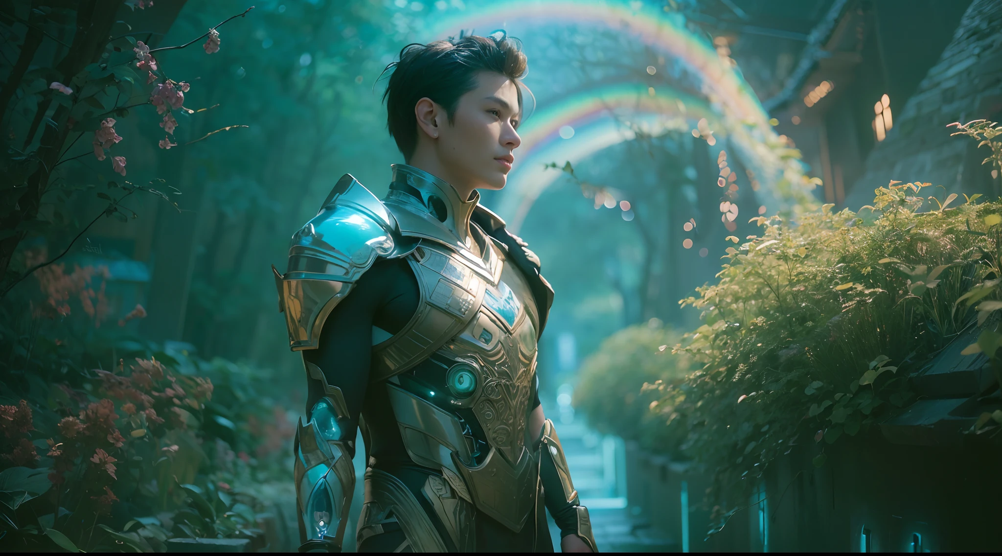 1boy, photo of very very handsome suave smiling young 25-year-old male Chinese prince, clothed in futuristic cybernetic armor, wearing a large futuristic crown, walking in an ethereal enchanted forest with neon glowing flowers and a rainbow in the sky, sci-fi, intricate, neon light, ((perfect face)), ((perfect hands)), ((perfect body)), ((correct anatomy)), ((ultra-realistic)), ((8k, UHD)), highly detailed, digital painting, artstation, concept art, human anatomy, soft light, smooth, illustration, art by tian zi and craig mullins and WLOP and alphonse mucha