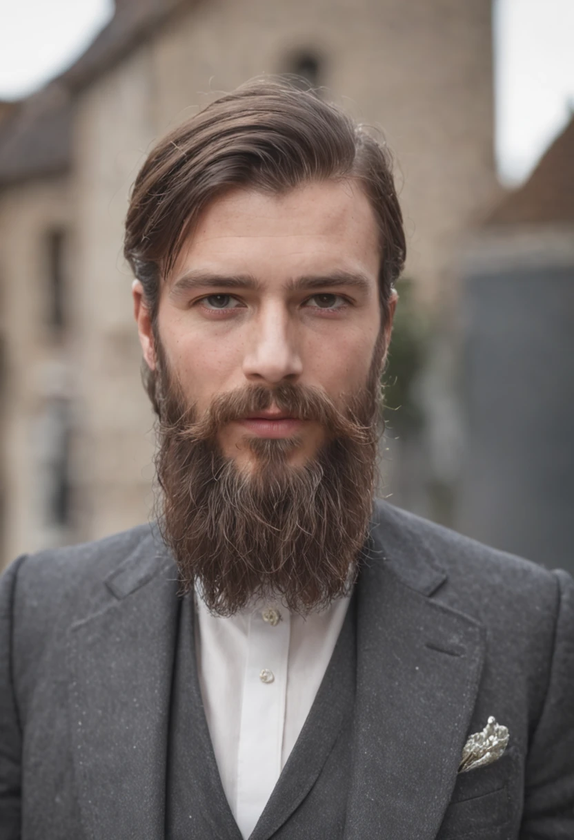 Man with a beard and straight combed hair, maigre dans un manoir avec plusieurs voitures de luxe