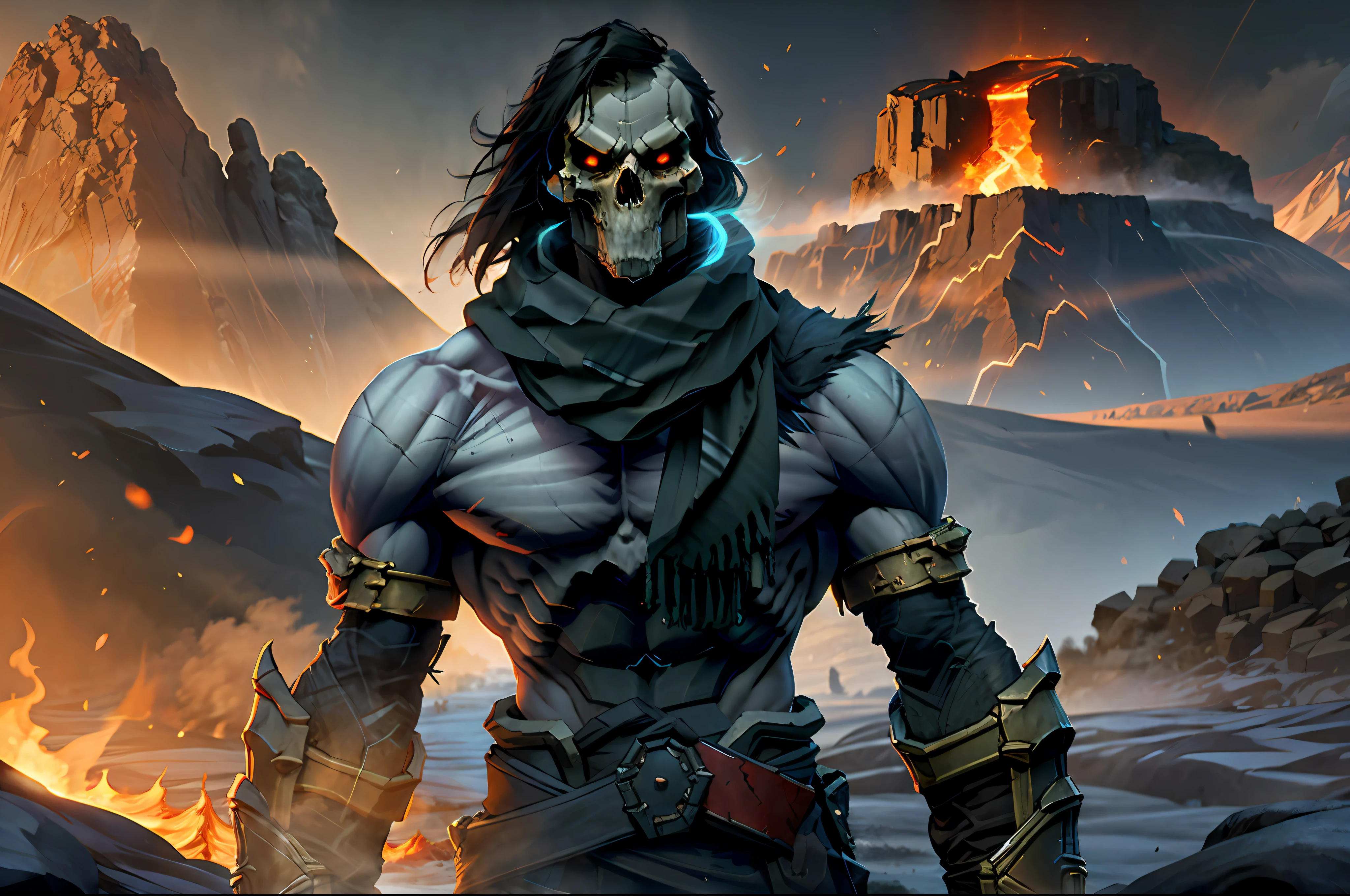 from behind, looking at viewer, 1boy, thedeath standing in dark, topless, windblown scarf, gauntlets, skull,  glowing eyes, muscular, mountain, molten rock, volumetric lighting, best quality, masterpiece, realistic,