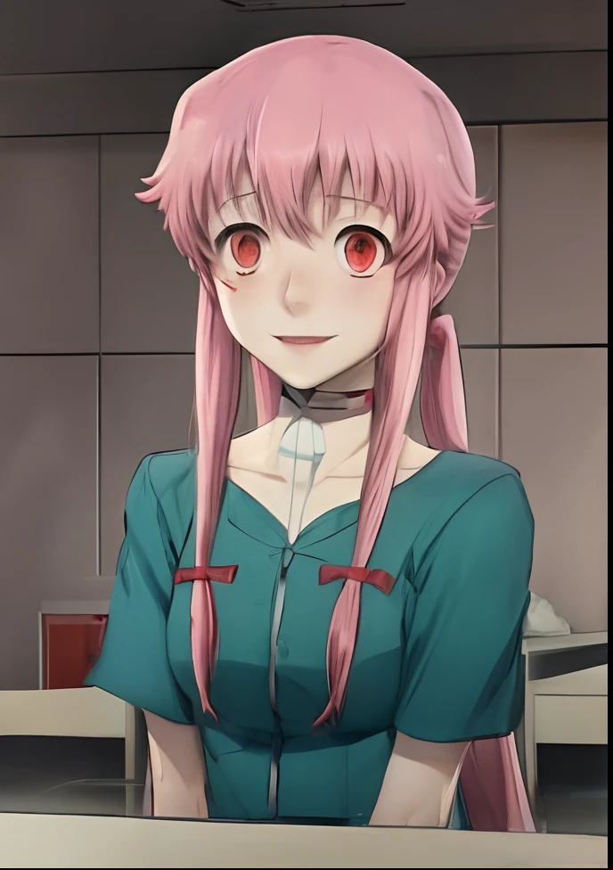 Yuno Gasai is looking at you, naked, large breasts, , erect , , red eyes, blood, solo, old room, wearing black choker, crazy smile