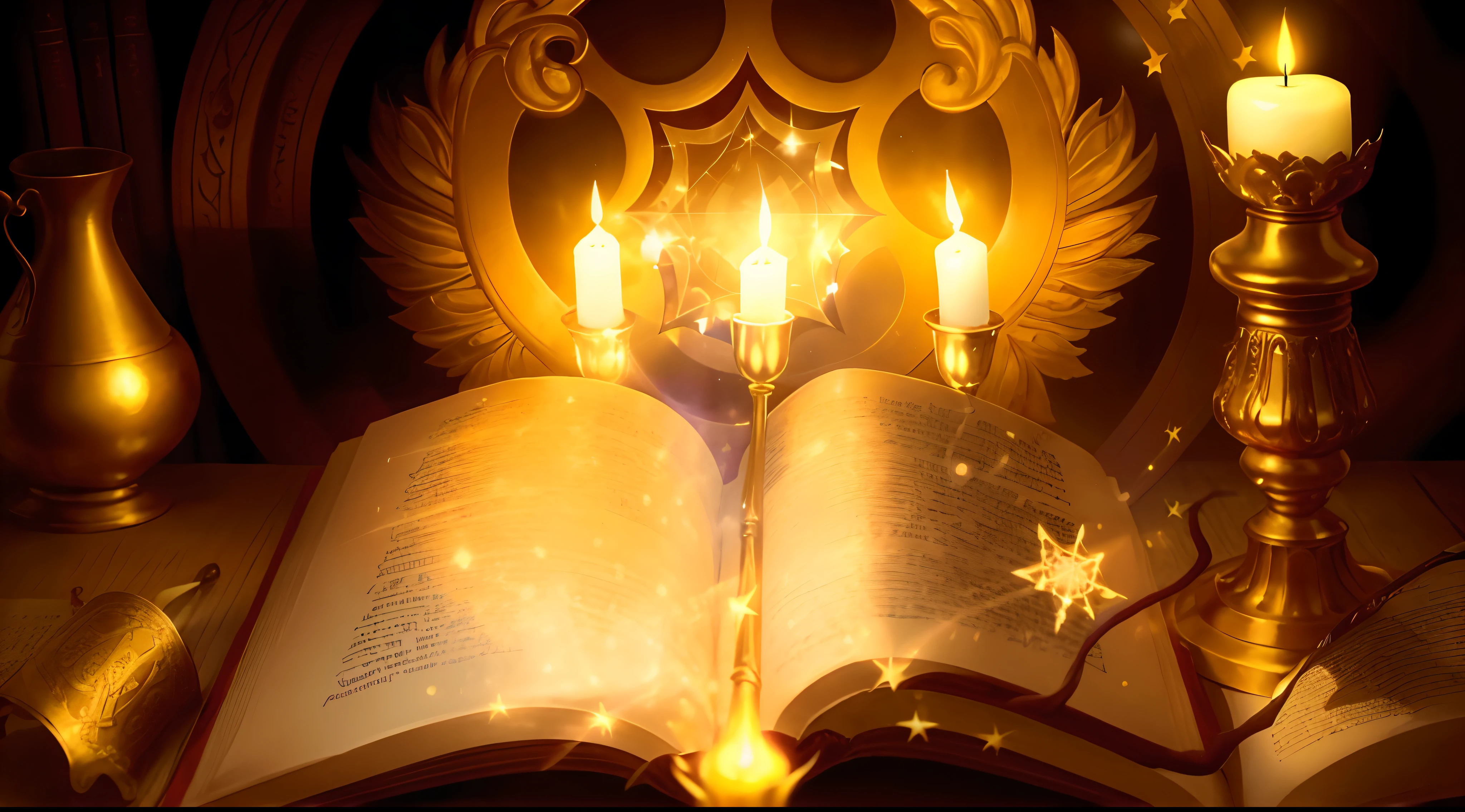 The candles are lit in a gold-framed book, open magic book glowing, magic book, Iluminado com velas, black magic spells, holy fire spell art, spell book, spell casting wizard, holy flame spell, spell casting, spells magic, Completo - Vista, Spells and magical weapons, biblical art lighting, captura de tela de alta qualidade, em vestes escuras com detalhes dourados