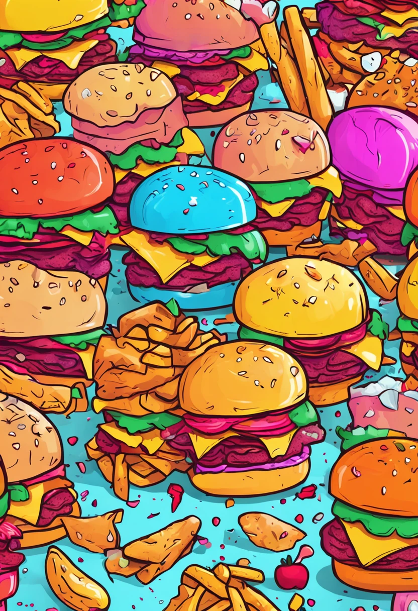 Create an illustration with many colorful pigs, with burgers, bacon, fries, very colorful, all flying, with blue sky,  drawing format cgi, style by Butcher Billy, 8k.