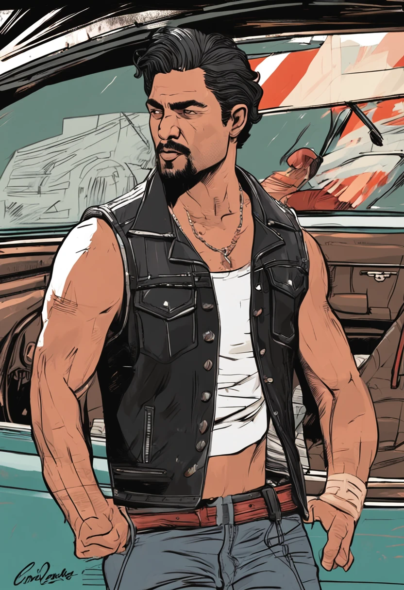 create a man, biker, black hair with white streaks, black vest on top, brown blouse underneath, red bandana around neck