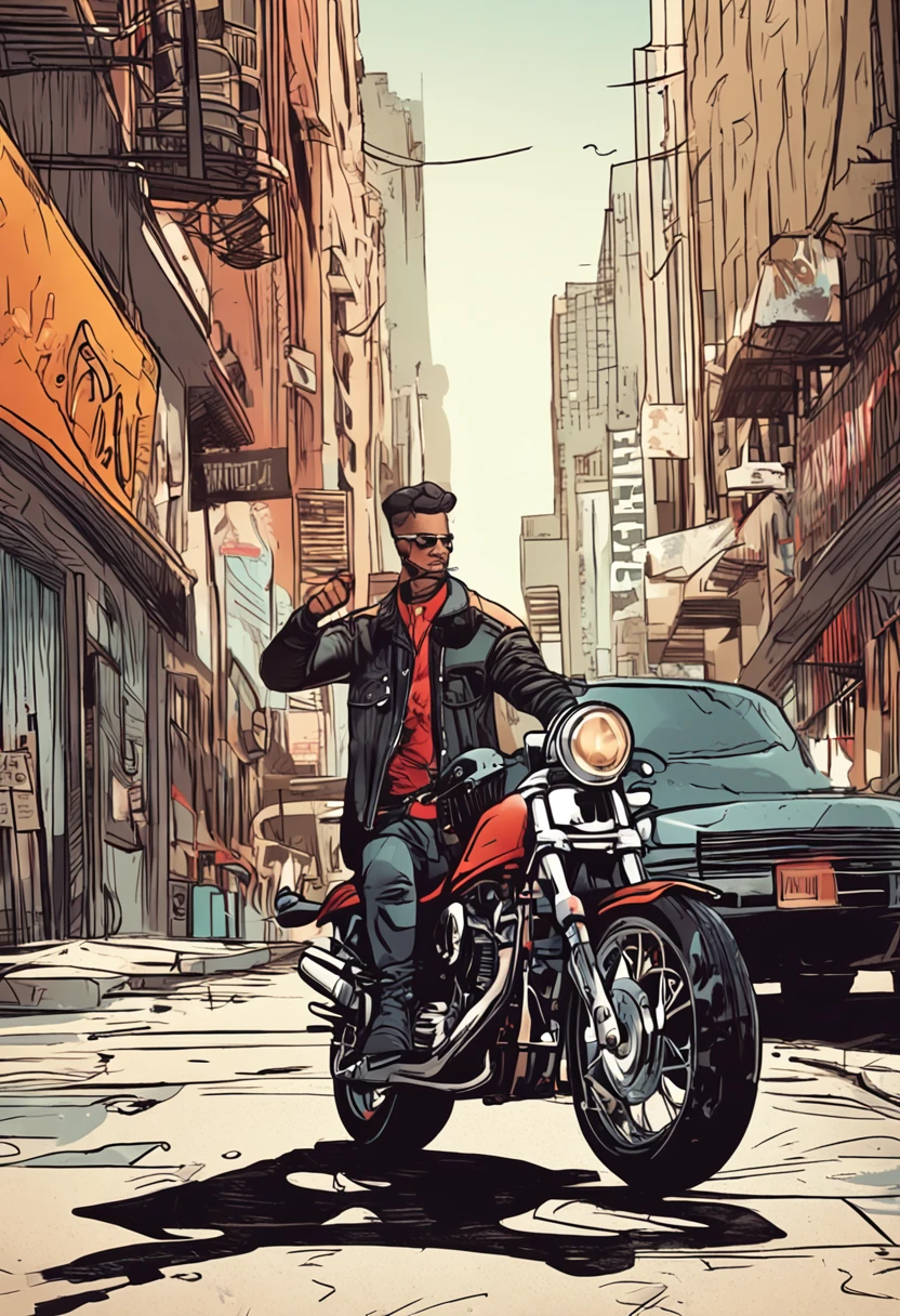 create a man, biker, black hair with white streaks, black vest on top, brown blouse underneath, red bandana around neck