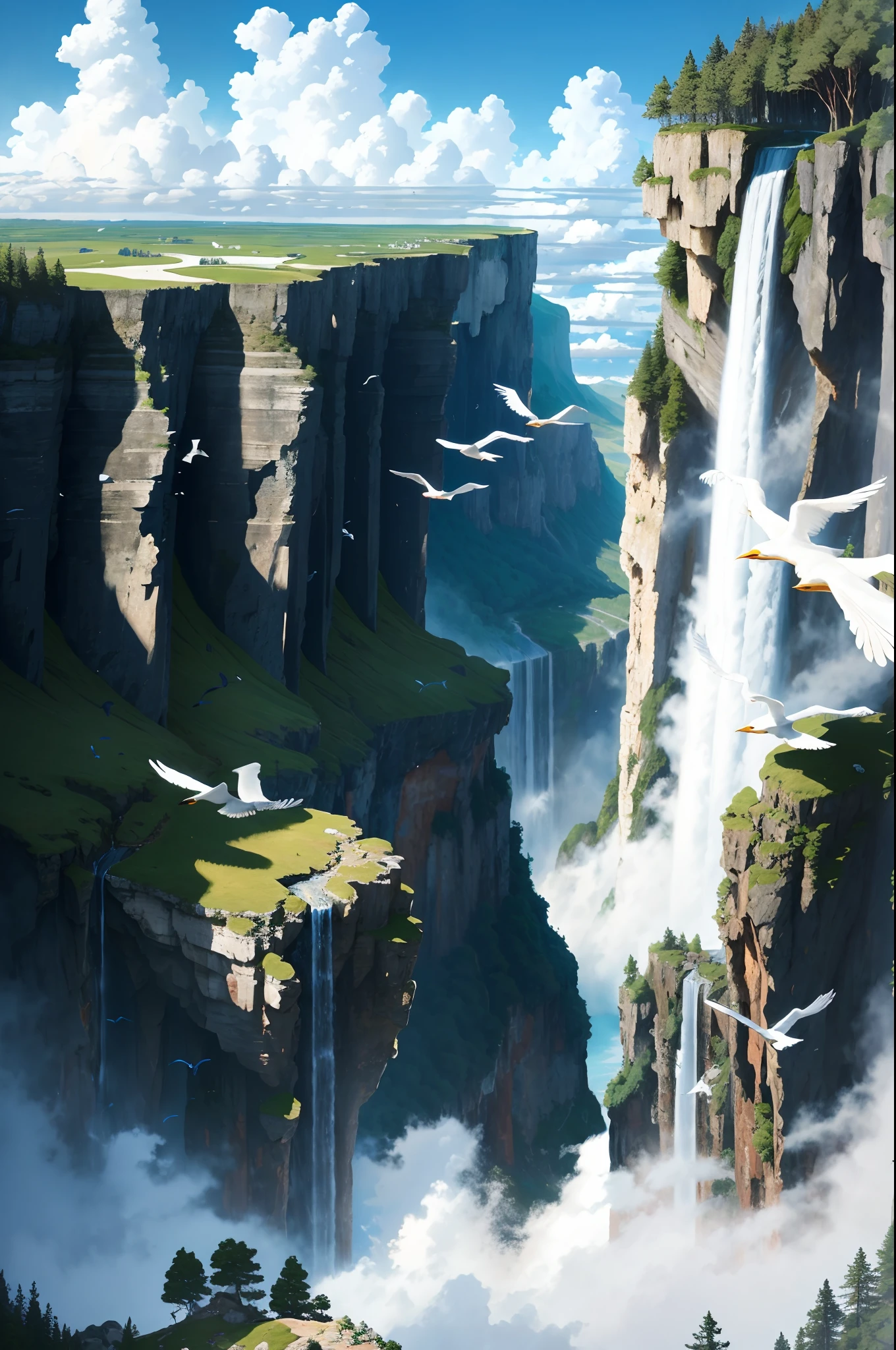 Flying on the cliff, above the very high waterfall, look down on the fluctuating pond, high sunlight, blue sky, white cloud, birds, forest, trees, 8K, masterpiece, best quality, high resolution, extremely full detailed